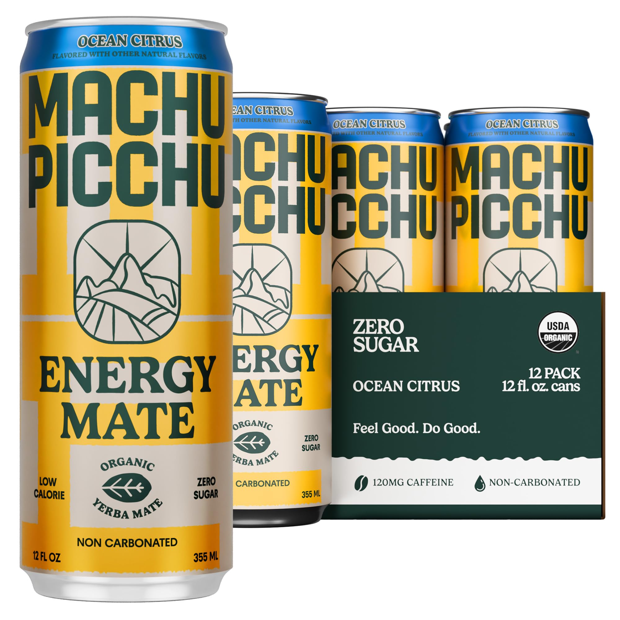 Zero Sugar Energy Mate Drink – Non-Carbonated Yerba Mate, 120mg Organic Caffeine, Smooth Focus Without Jitters or Crash, Low Calorie, USDA Organic, 12oz Cans (12-Pack-“Ocean Citrus”)