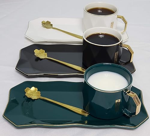Miniatura 2 de YAGE Juego de tazas de café de cerámica con cuchara y bandeja, taza de té para bebidas calientes y frías para la oficina y el hogar con platillo,