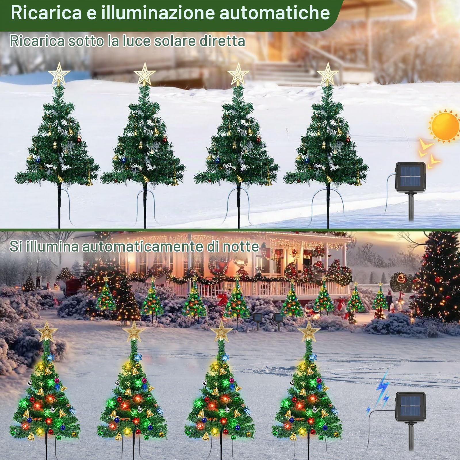 Albero di Natale con Luce Solare, 4 Pezzi Luci Solari Albero con 80 LED Fiocco di Neve Catena Luminosa, Stella di Natale per Albero, Lampade Solari Natalizie Decorazioni per Giardino Esterno Patio