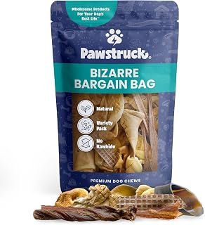 Pawstruck Bizarre Bargain Bag: Assorted Natural Long-Lasting Dog Chews - Rawhide-Free Ears, Jerky, Bones, Hooves for Aggressive Chewers, All Breeds, 1lb
