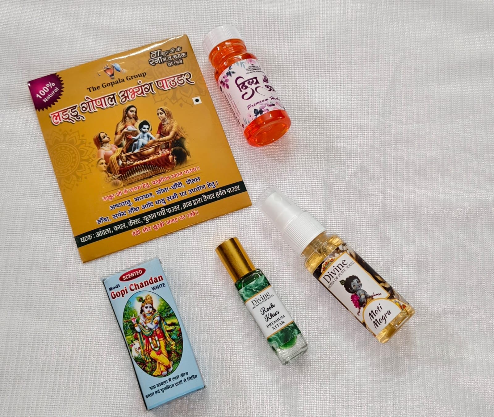 Laddu Gopal Ji Bathing and Shringar Kit, Set of 5, Abhyang Gel 50ml, Abhyang Powder 50g, Gopi Chandan, Khus Attar 8ml, Rose Perfume 30ml, for Pooja Rituals-image-48