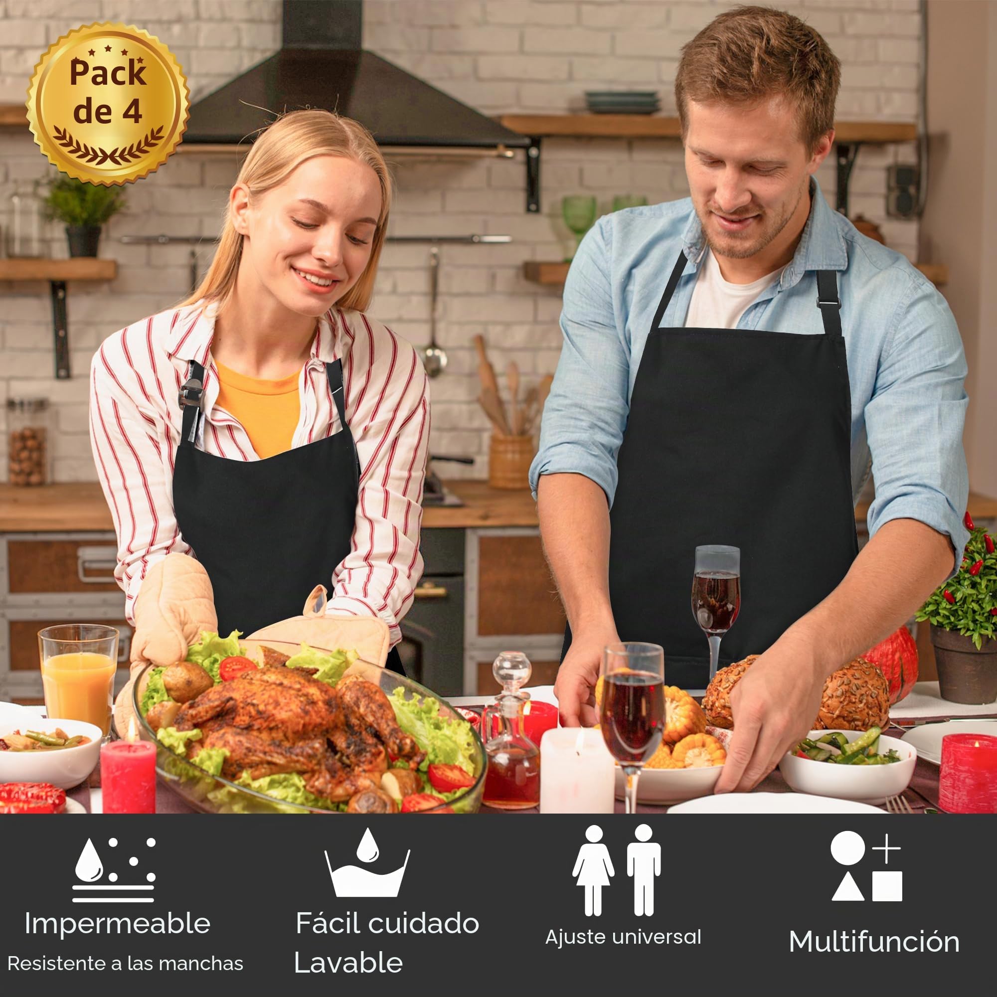 atopo 4 Piezas Chef Delantal, Negro Delantal Impermeable con 2 Bolsillos, Delantal de Cocina Ajustables para Barbacoa Cocinar Hornear Jardinería Restaurante