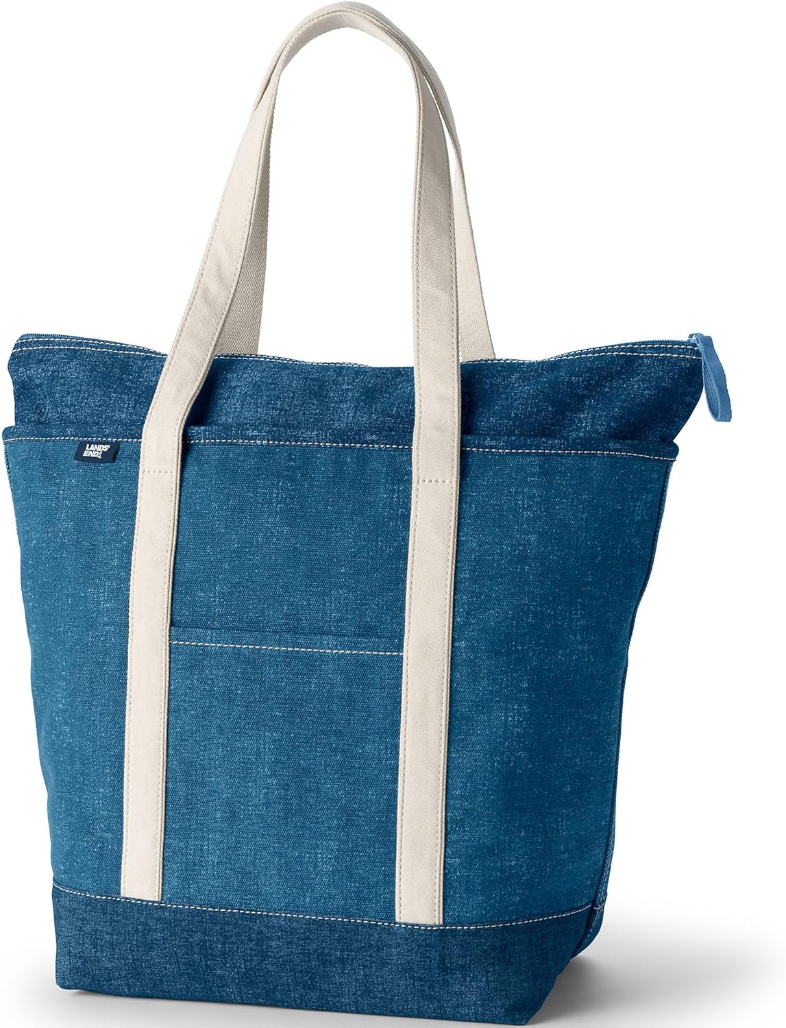 Lands' End Solid Long Handle Zip Top Canvas Tote Denim Blue Large Long Handle