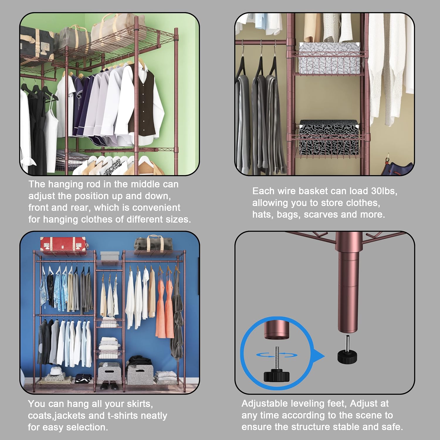 Xiofio 6 Tiers Heavy Duty Clothes Rack, Metal Clothing Rack,Clothing Storage Organizer,Garment Rack with Basket,Hanging Adjustable Garment Rack,65.0" L x 15.7" W x 76.0" H,Max Load 800LBS,Bronze