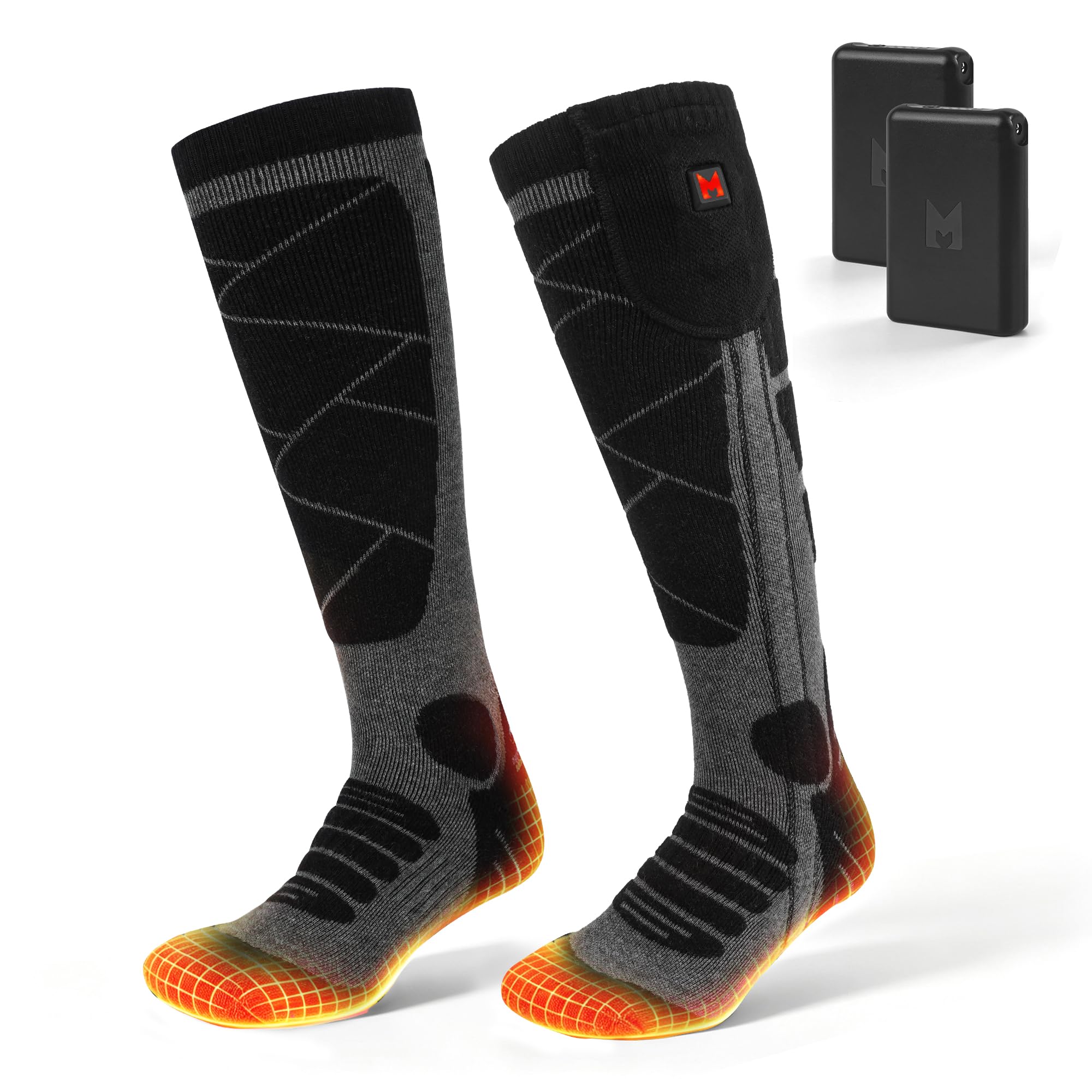 MRAWARM Rechargeable Heated Socks for Men Women (Black/Grey)