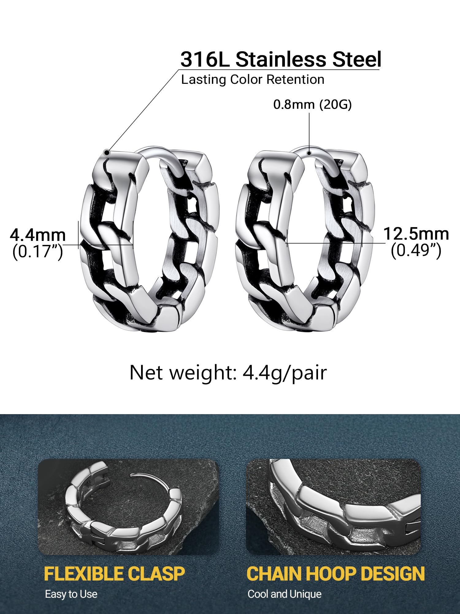 Chunky Hoop Earrings for Men Women, Skull/Infinity Pattern, Spike/Cuban Links 4 Design Options, Black/18K Gold Plated 316L Stainless Steel, Lightweight Earrings, Come Gift Box