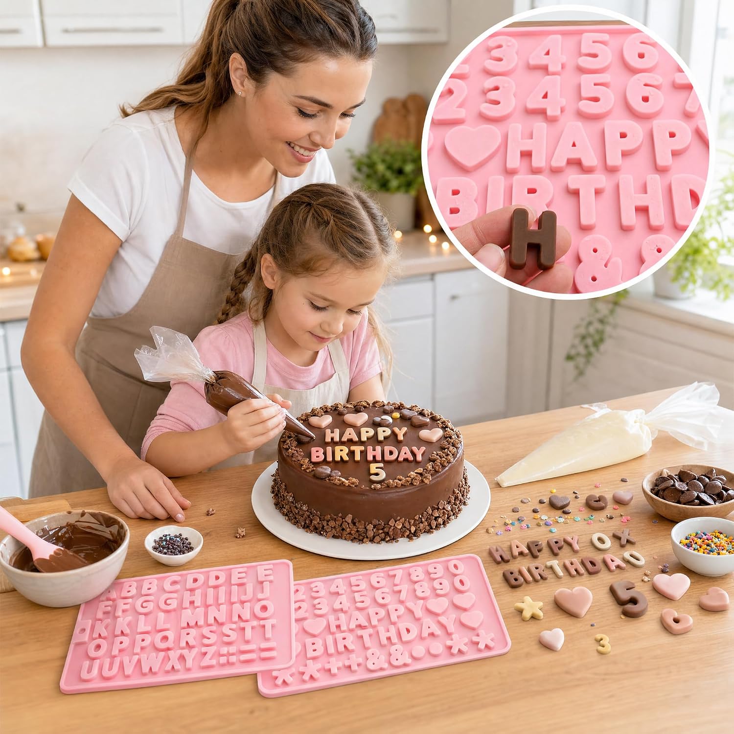 2PCS Letter Silicone Molds Number Chocolate Molds Mini Size Number Alphabet Chocolate Candy Molds with 1 Pack Dough Scraper for Baking Non-Stick Happy Birthday Cake Decorating Symbols Mold (Pink)