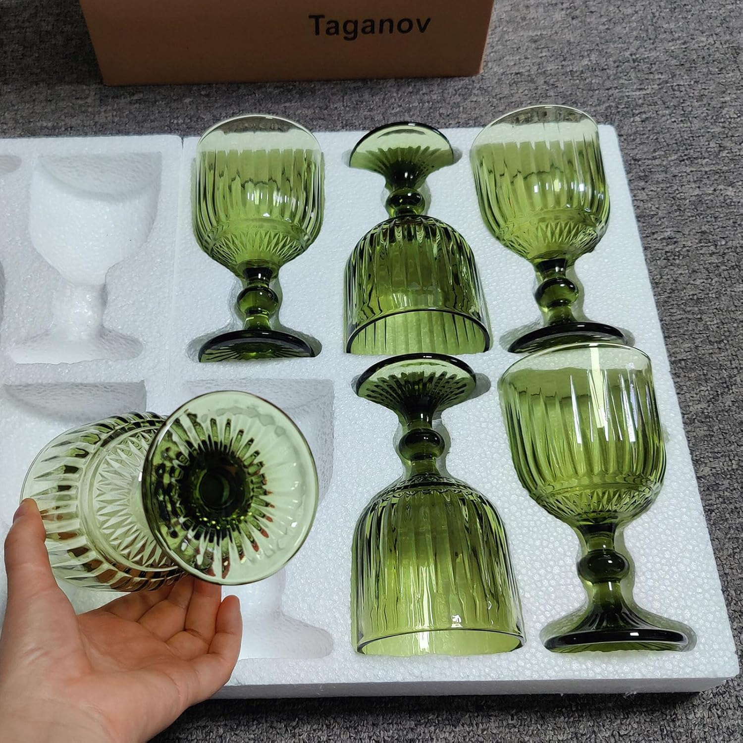 Green Water Glasses Drinking Wine Goblet set of 6 Vintage Glassware Colored Stemware 11 ounce for Wedding Party Bar Vertical Embossed Pattern Stemmed Cups 330 ml - Image 7