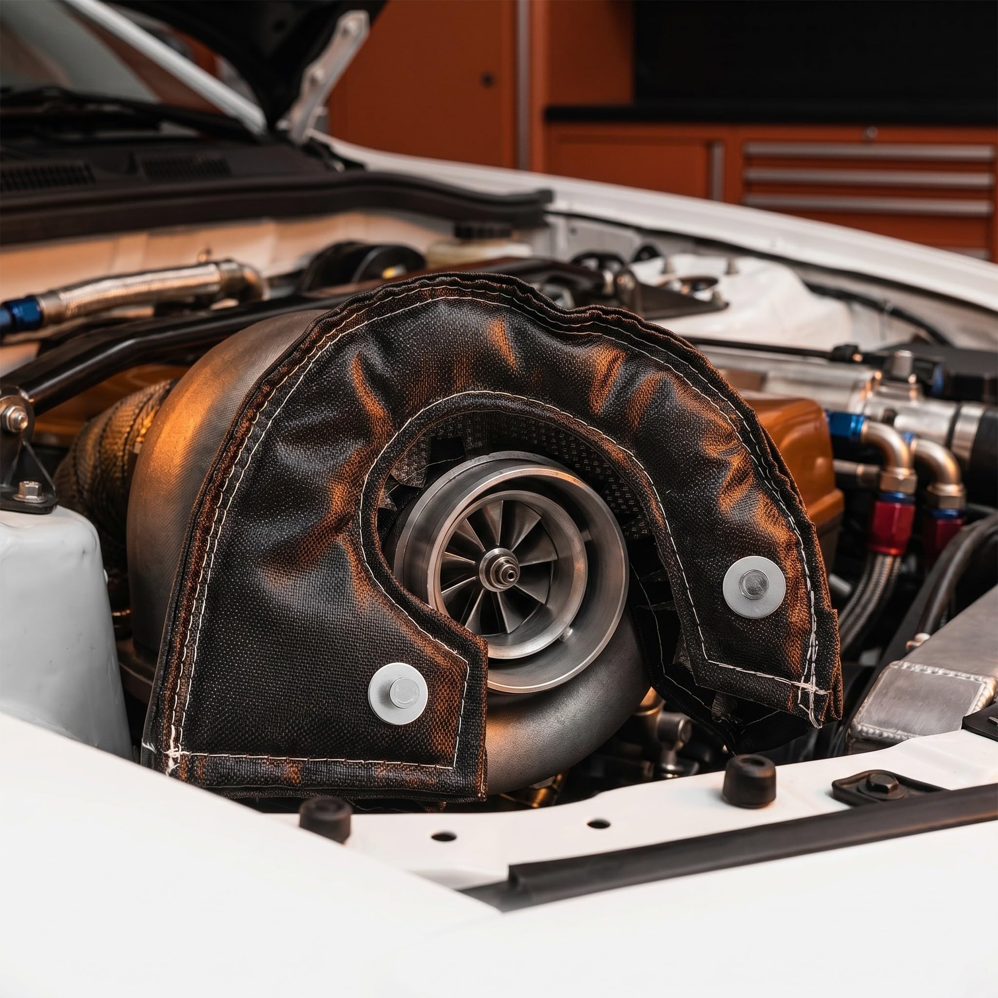 Copertura Termica per Migliorare le Prestazioni del Motore 2 Pezzi per Turbocompressore in Fibra di Vetro e Silicone, Design Protettivo Adatta per Auto e Appassionati Automotive