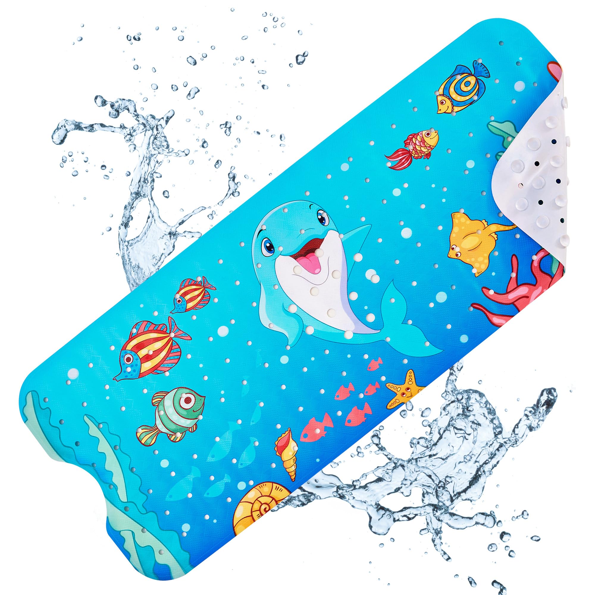 Alfombrilla de baño para bebé antideslizante para niños, 40 x 16 pulgadas, extra larga, con agujeros de drenaje y ventosas, alfombrilla de ducha antideslizante, lavable a máquina, delfín