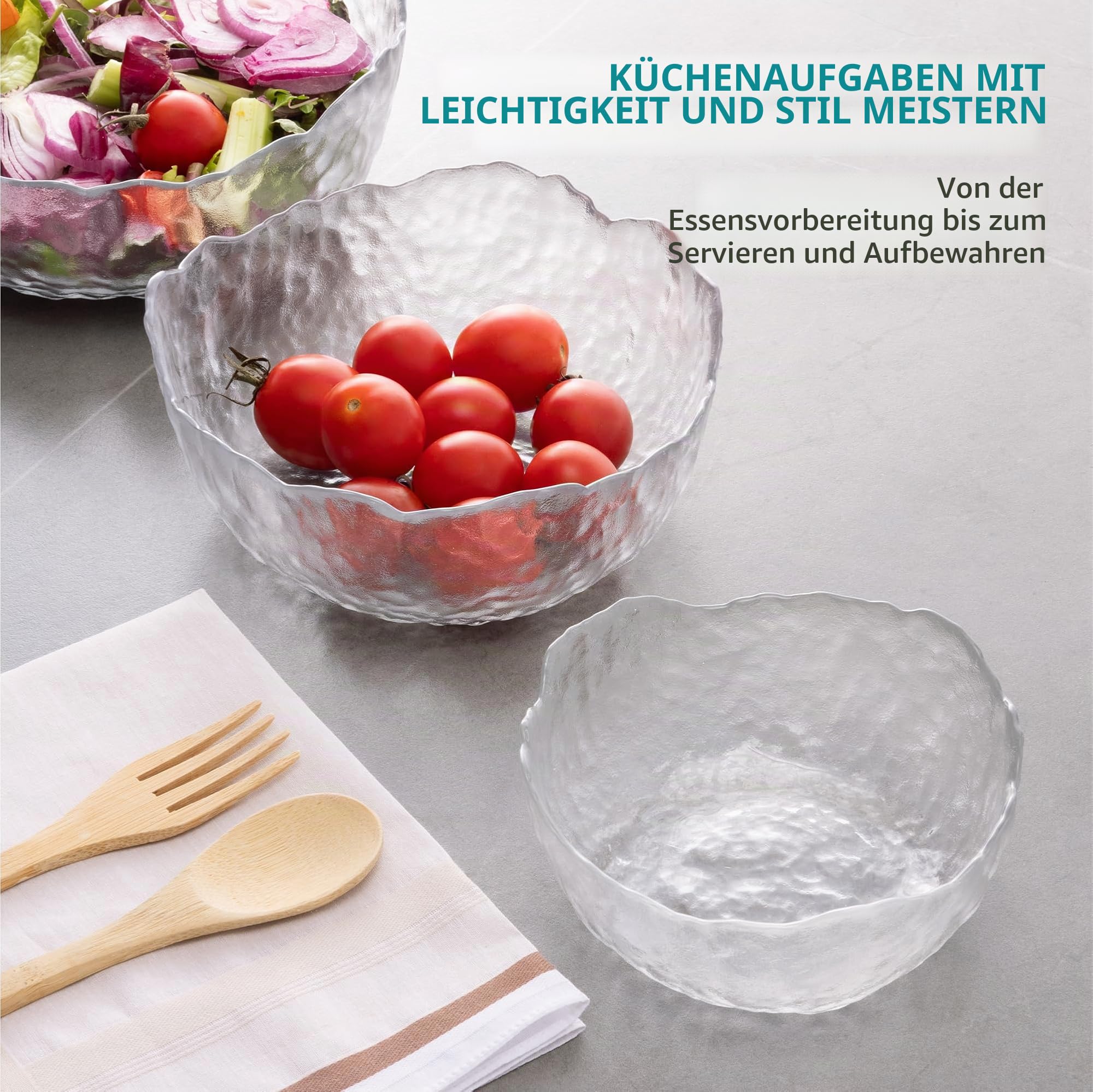 Navaris Glasschüssel 3er Set - Salatschüssel Glas groß - Glasschale rund medium - Schale klein - Glasschalen spülmaschinenfest - Glasschüsseln im Blatt Design