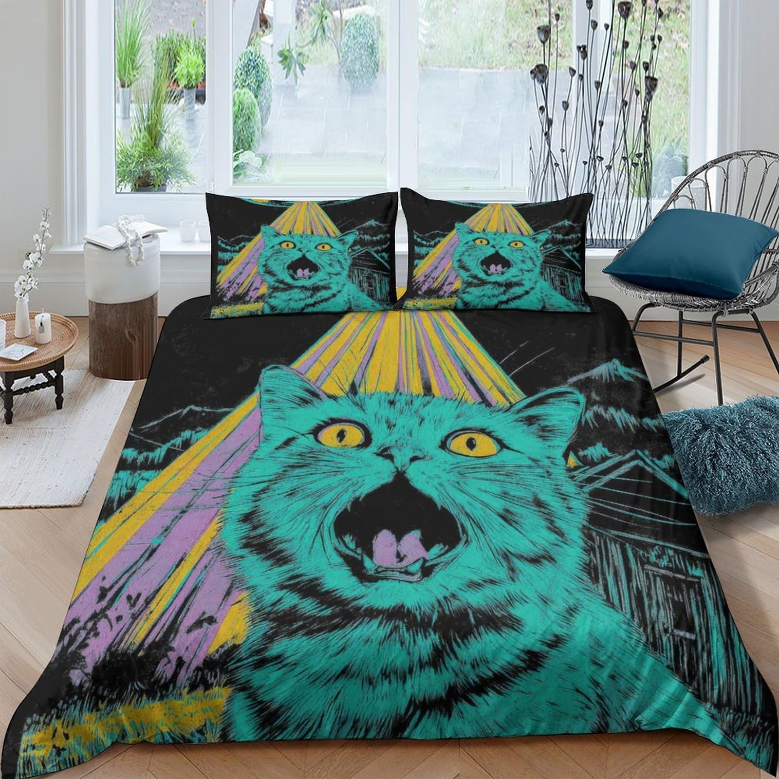 Ctjqhvkz Style-7 3D Printed Neon Cat Fitted Sheet Microfiber Soft Breathable Pop Art Mattress Cover Bedroom Dorm Decor Single（135X200cm）
