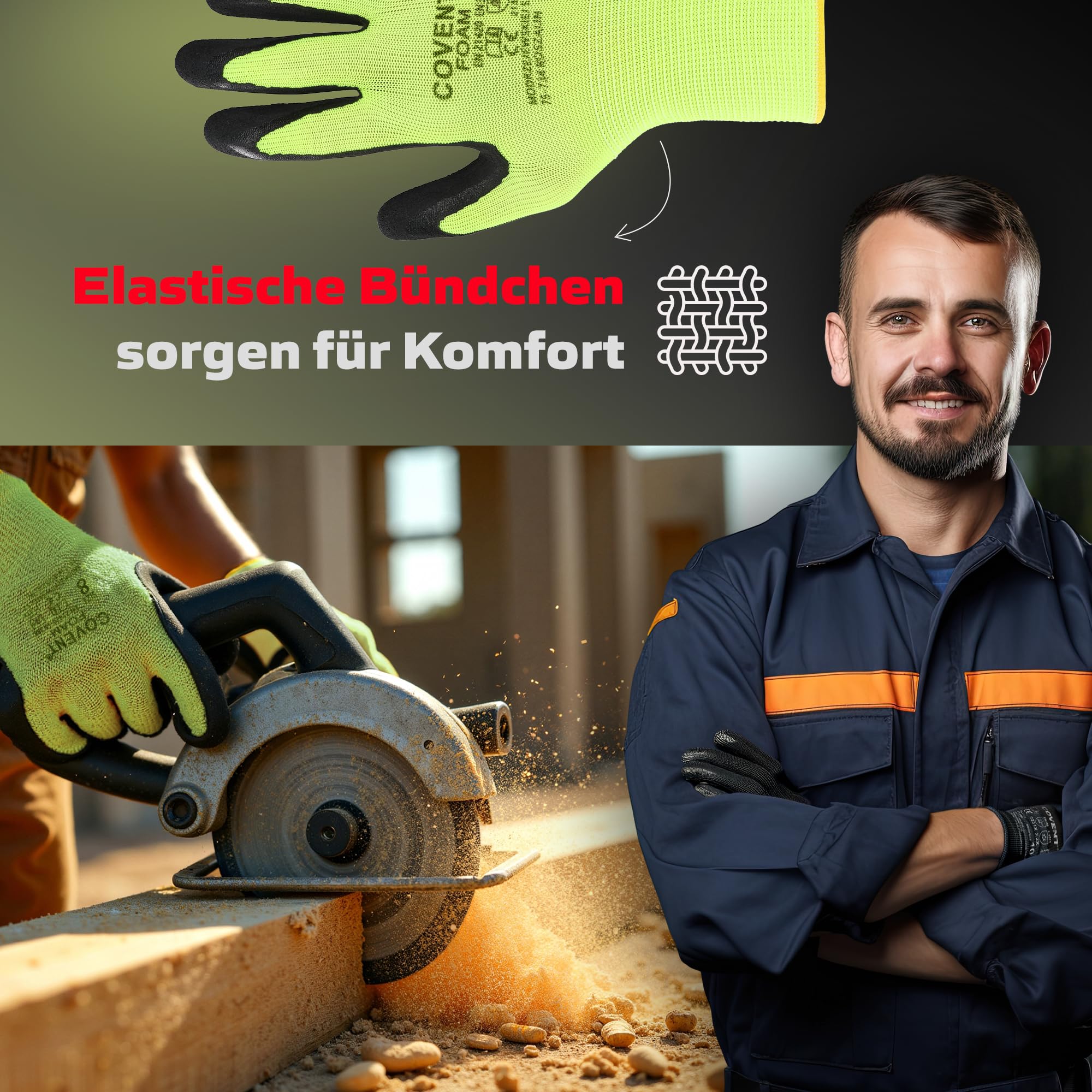 Covent FOAM Guantes de trabajo para hombre, talla 10, juego de 120 unidades, guantes de montaje, categoría II, EN388, guantes de construcción para constructores, mecánicos y montadores