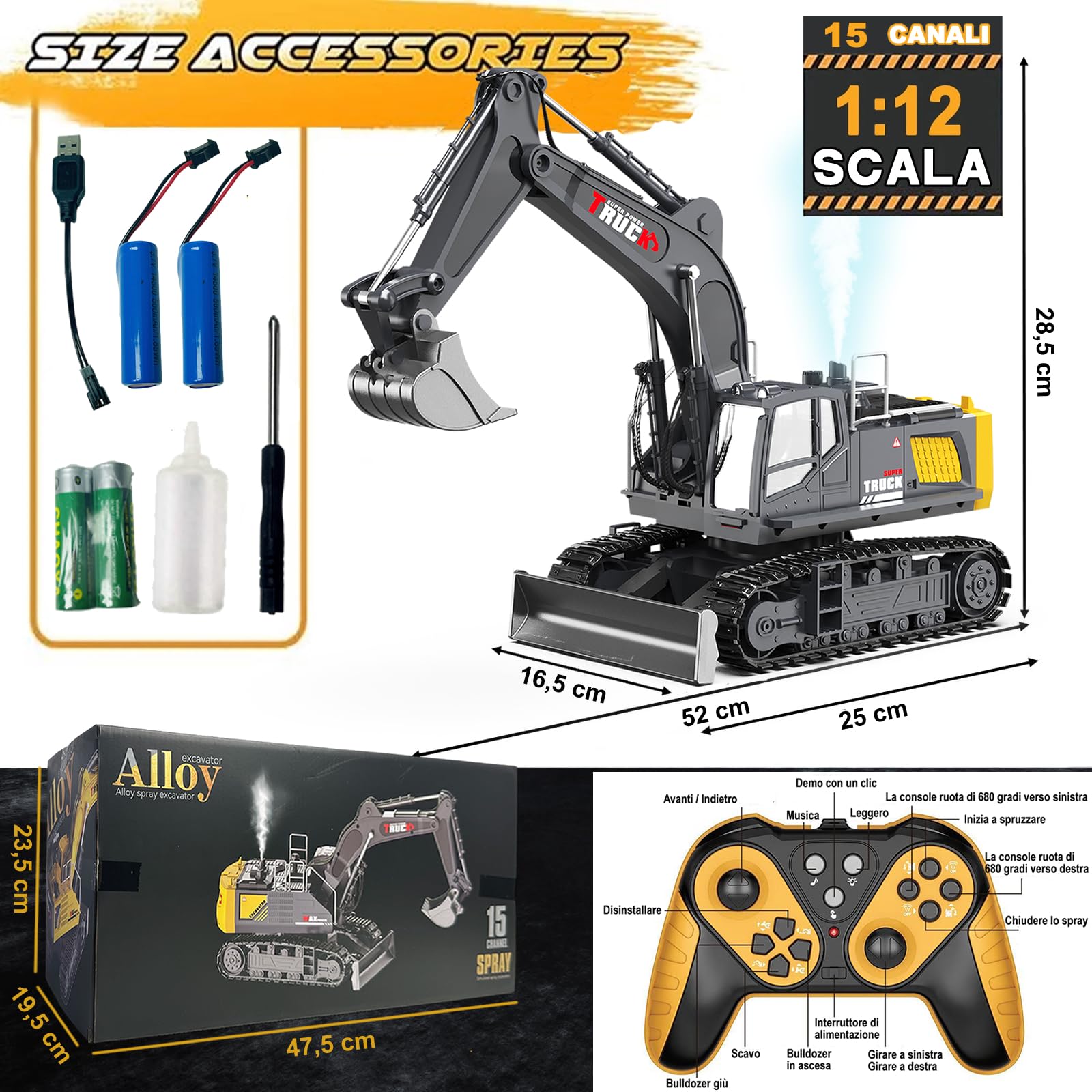 1:12 Escala 15 Canales Gran Excavadora teledirigida para niños, excavadoras radiocontroladas, con luces, sonido de funcionamiento, pala metálica, demo de un toque, pulverización simulada, 680°