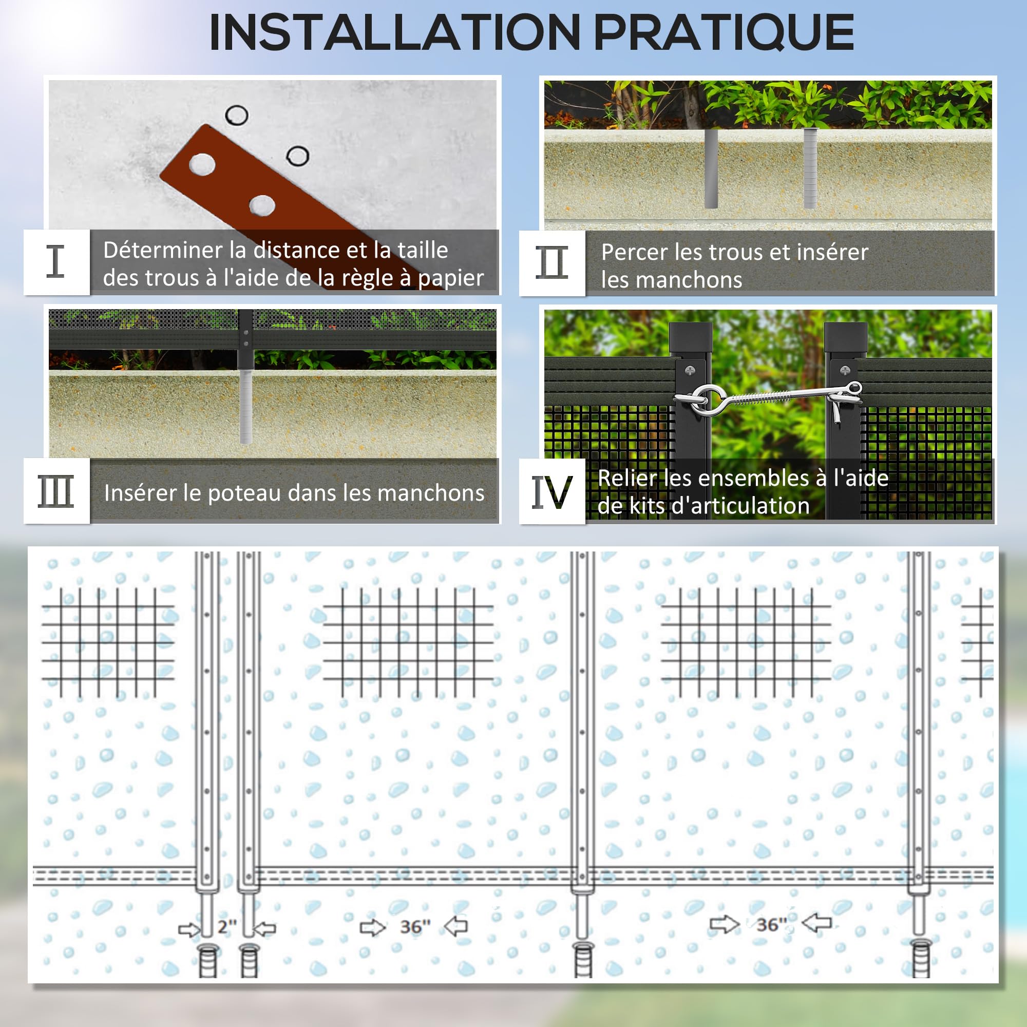Outsunny Clôture Barrière de Sécurité pour Piscine Lot de 4 365x126cm Noir