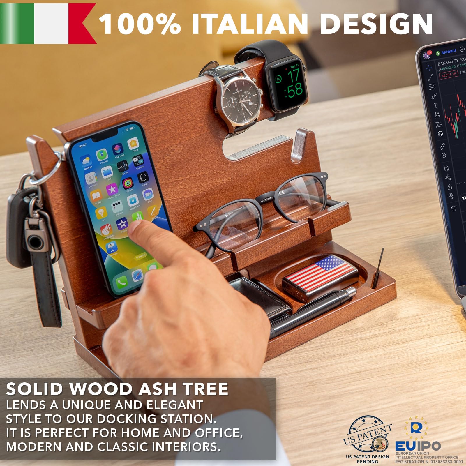 Greta Oto Station de Charge en Bois pour Téléphone Personnalisé, Tablette, Montre, Portefeuille, Organisateur Support Rangement Bureau, Table de Nuit, Cadeaux Hommes (Beige)
