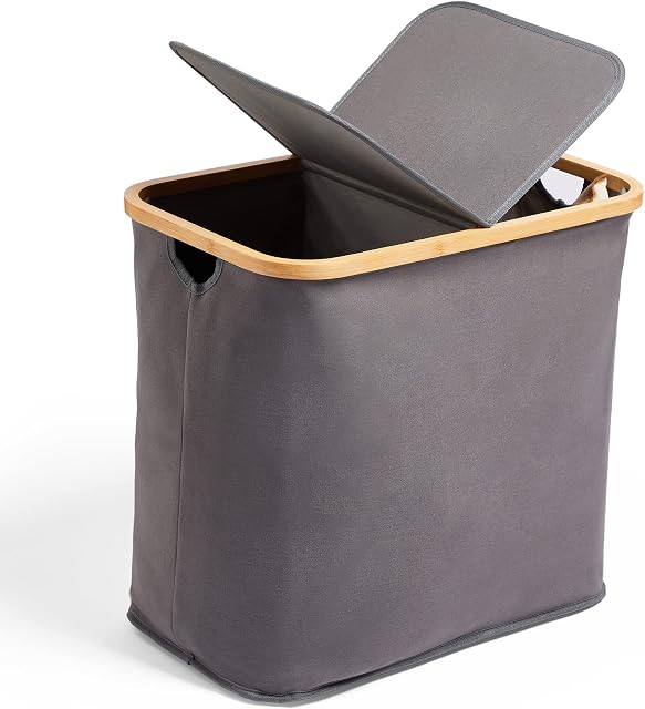 VonHaus Laundry Basket - 88L Divided Canvas Collapsible Washing Basket with Lid  2 Compartment Grey Bamboo Finish Hamper  Bathroom Bedroom Storage