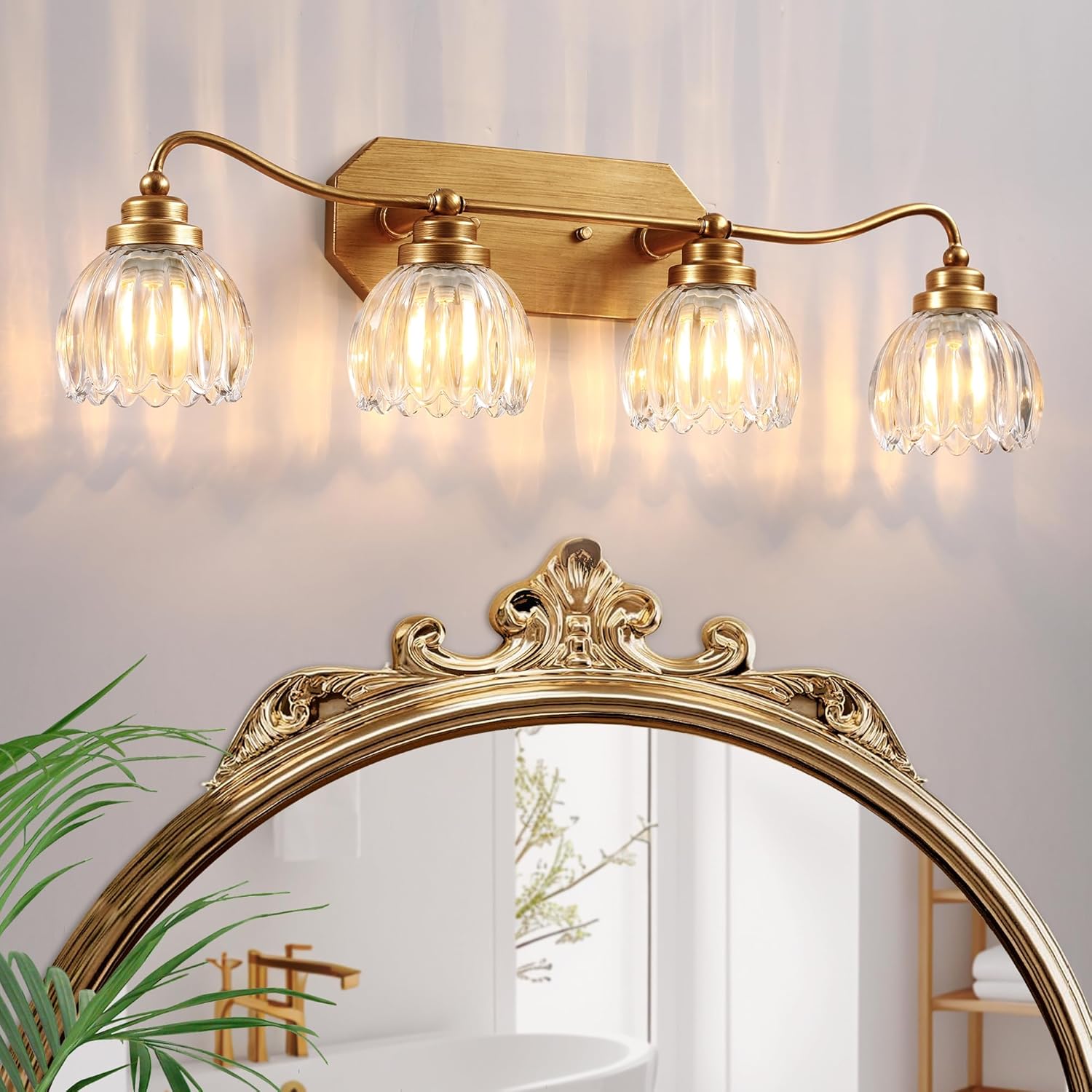 Vintage Bathroom Light Fixtures, 4 Light Gold Bathroom Vanity Light, Matte Antique Brass Finish with Crystal Glass Shade, Wall Sconces Lighting for Bedroom, Living Room, Hallway Gold 4-Light