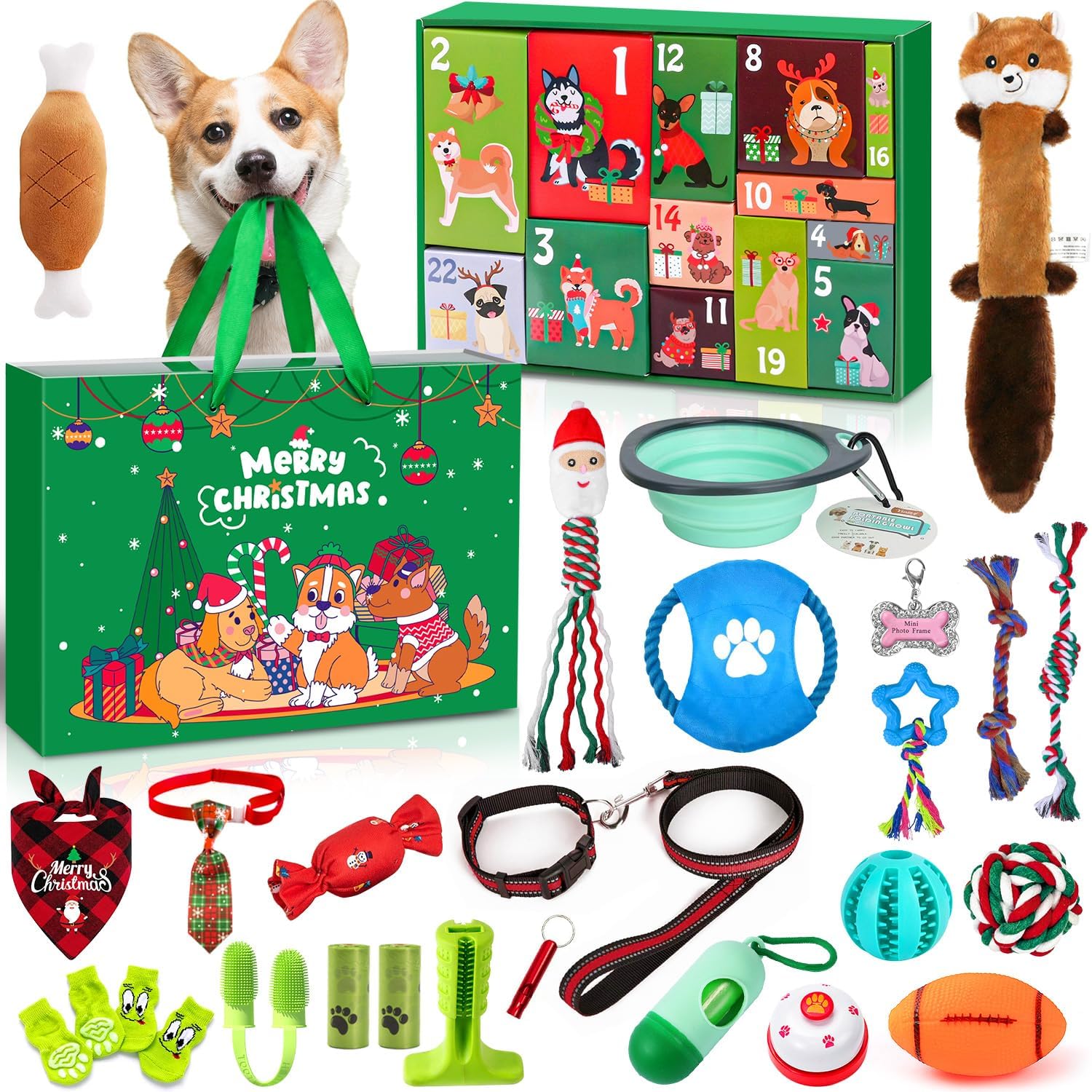 MOVINPE Dog Toys Advent Calendar 2025 for Dogs, 24 Days Interactive Dog Toys Accessories Christmas Gifts for Dog Lover Puppy Playful Pups Fur Kids, Include Bowl Chew Balls Tug Ropes Pet Socks Collars