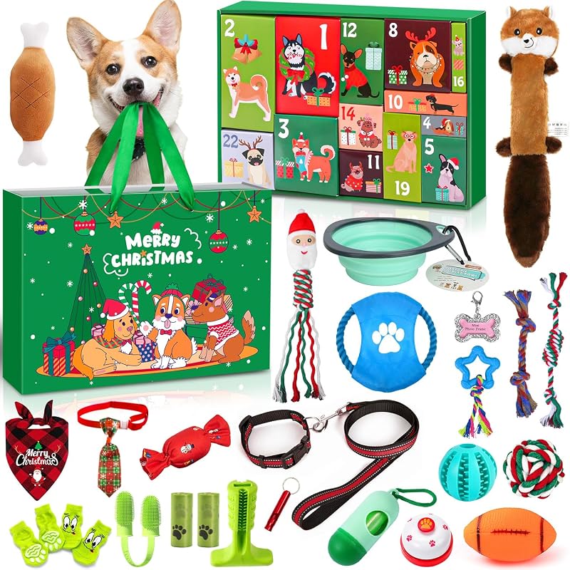 iZoeL Calendrier de l'Avent Chien Calendrier de l'Avent 2025 Jouet Chien, Cadeaux Noel pour Animaux, 24 Jouets Interactifs Intérieurs Extérieurs - Colliers Boules Jouet de Dentition Laisses