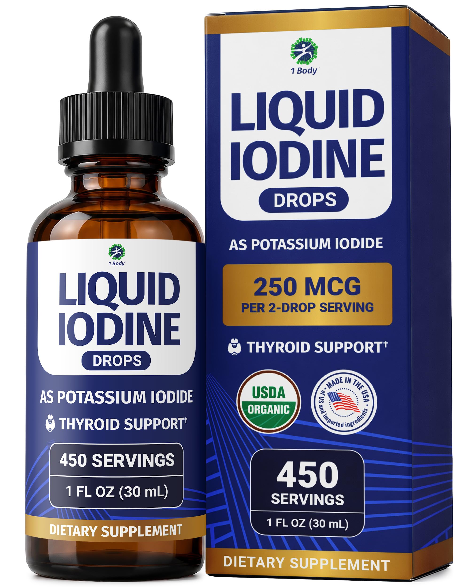 1 Body Liquid Iodine Drops, Potassium Iodide Supplement, 450 Servings