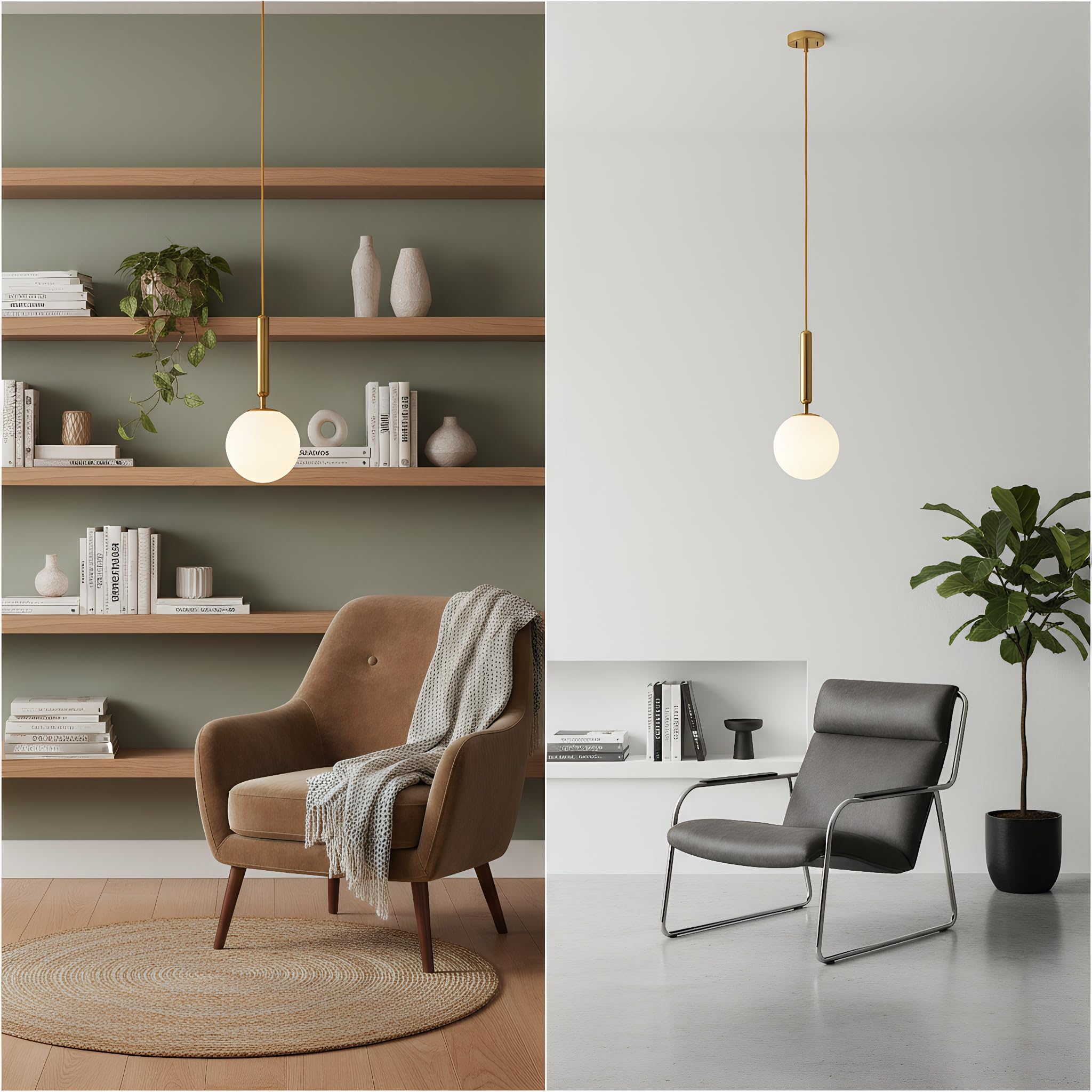 Lámpara Colgante Dorada Moderna, Pantalla Esférica de Cristal Blanco, Lámpara de Techo Colgante E27 para Dormitorio, Comedor, Sala de Estar y Cocina