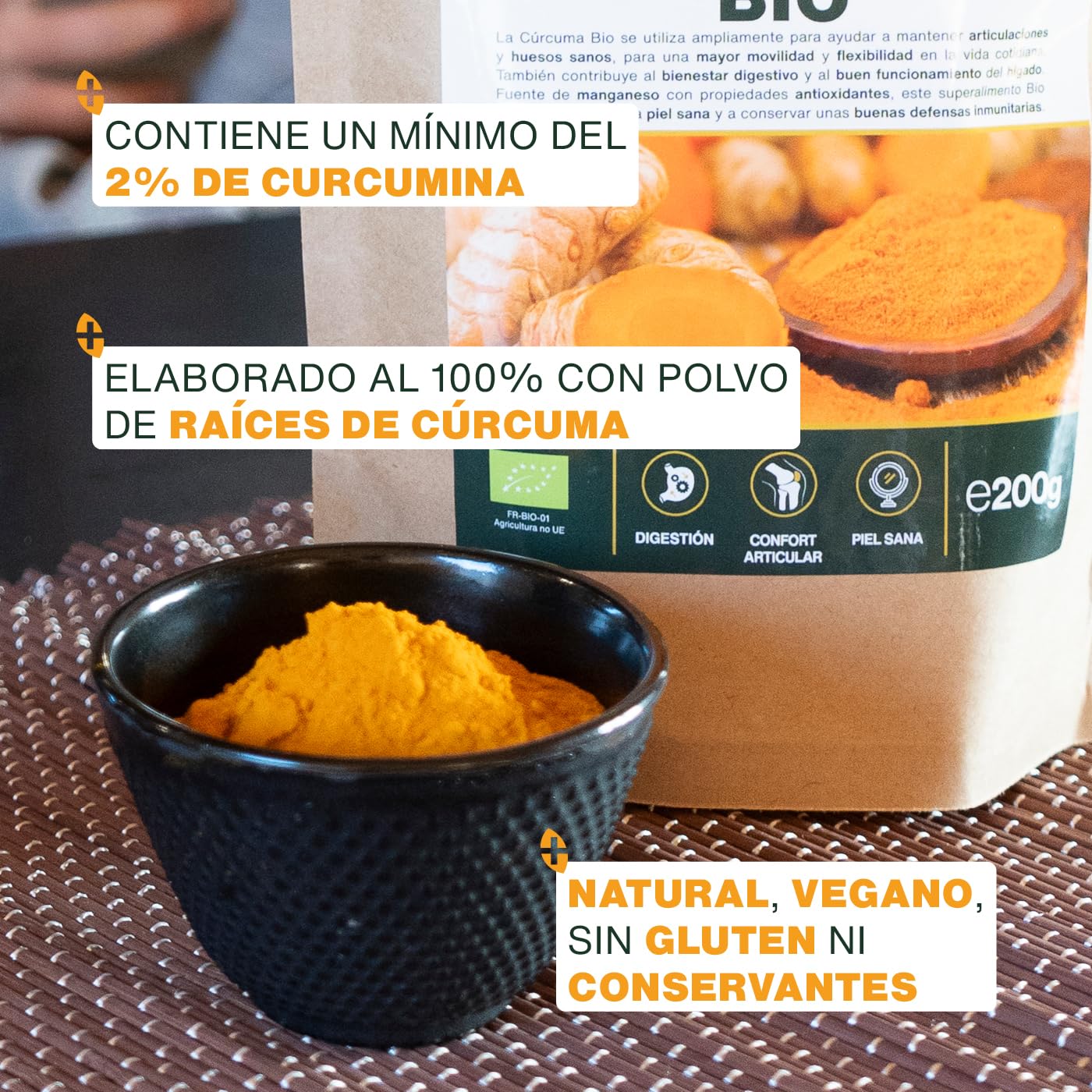 Cúrcuma en polvo Bio 200G | 100% Raíces de Cúrcuma Orgánica con Curcumina | Articulaciones, Digestión | Para Comidas, Golden Latte | Primera Calidad