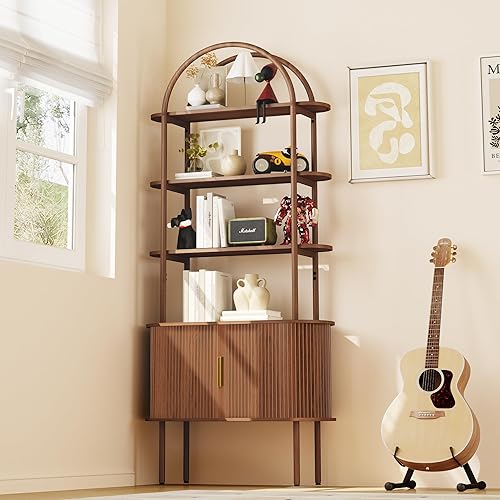 Miniatura 4 de Estantería arqueada acanalada de 71 pulgadas de alto con puertas correderas de tambor, gabinete curvo de metal moderno de mediados de siglo con