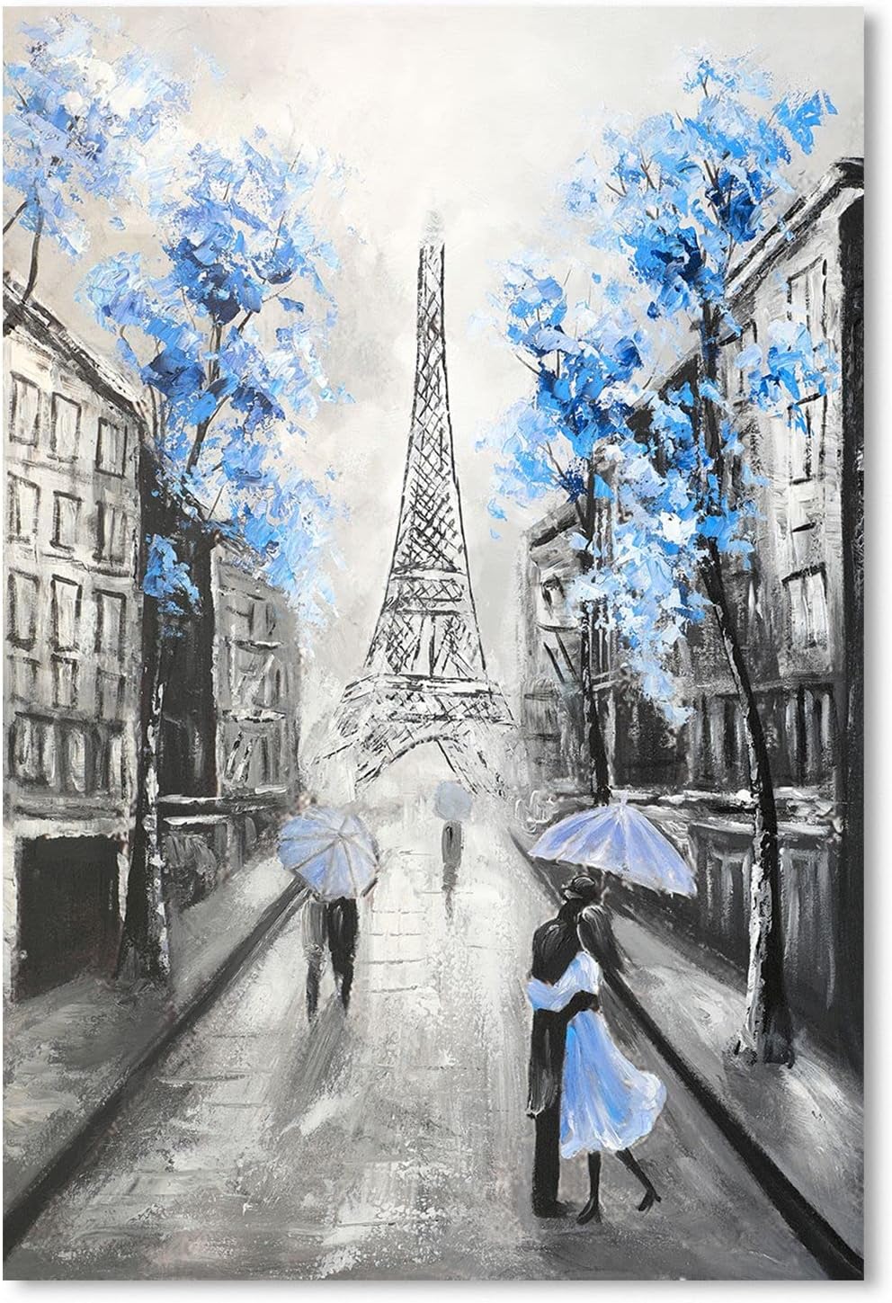 YPY Blue Floral Paris Canvas Wall Art: Blue Flower Grey Eiffel Tower Picture for Bathroom Decor, Painting Textured Street Scenery Print Modern Artwork Home Decoration 10 x 15