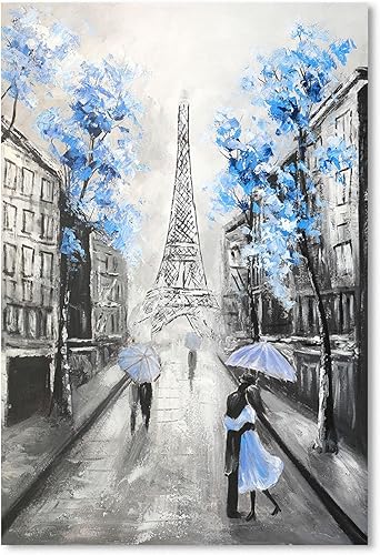 YPY Arte de Pared en Lienzo Floral Azul de París Imagen de Flor Azul Torre Eiffel Gris para Decoración de Baño, Pintura Texturizada de Paisaje