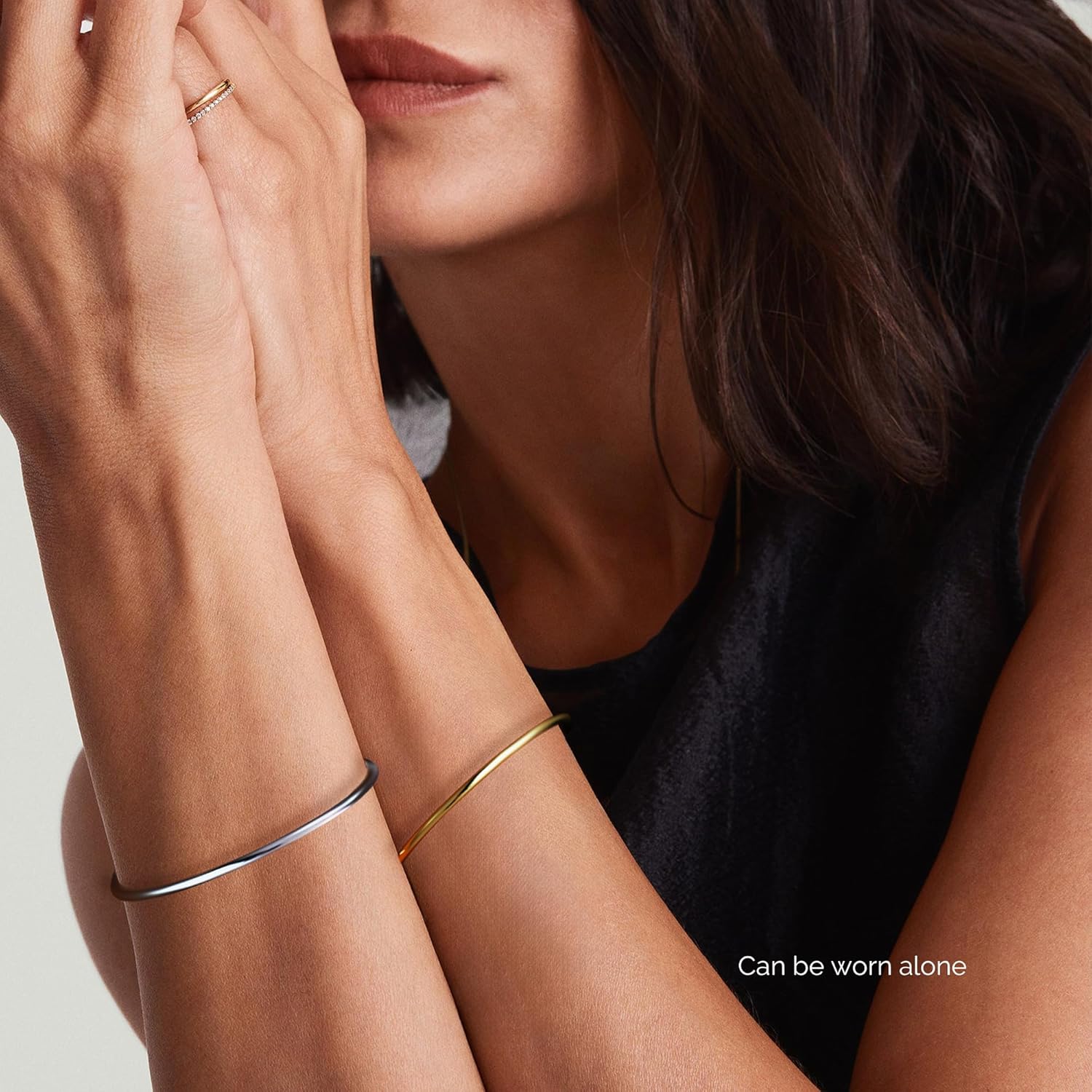 NOKMIT 2PCS 14K Gold Silver Tone Stackable Bangle Bracelets for Women, High Polished Thin Plain Stainless Steel Bangle with Detachable Connector Ring, Non-Tarnish Mixed Metal Jewelry - Image 5