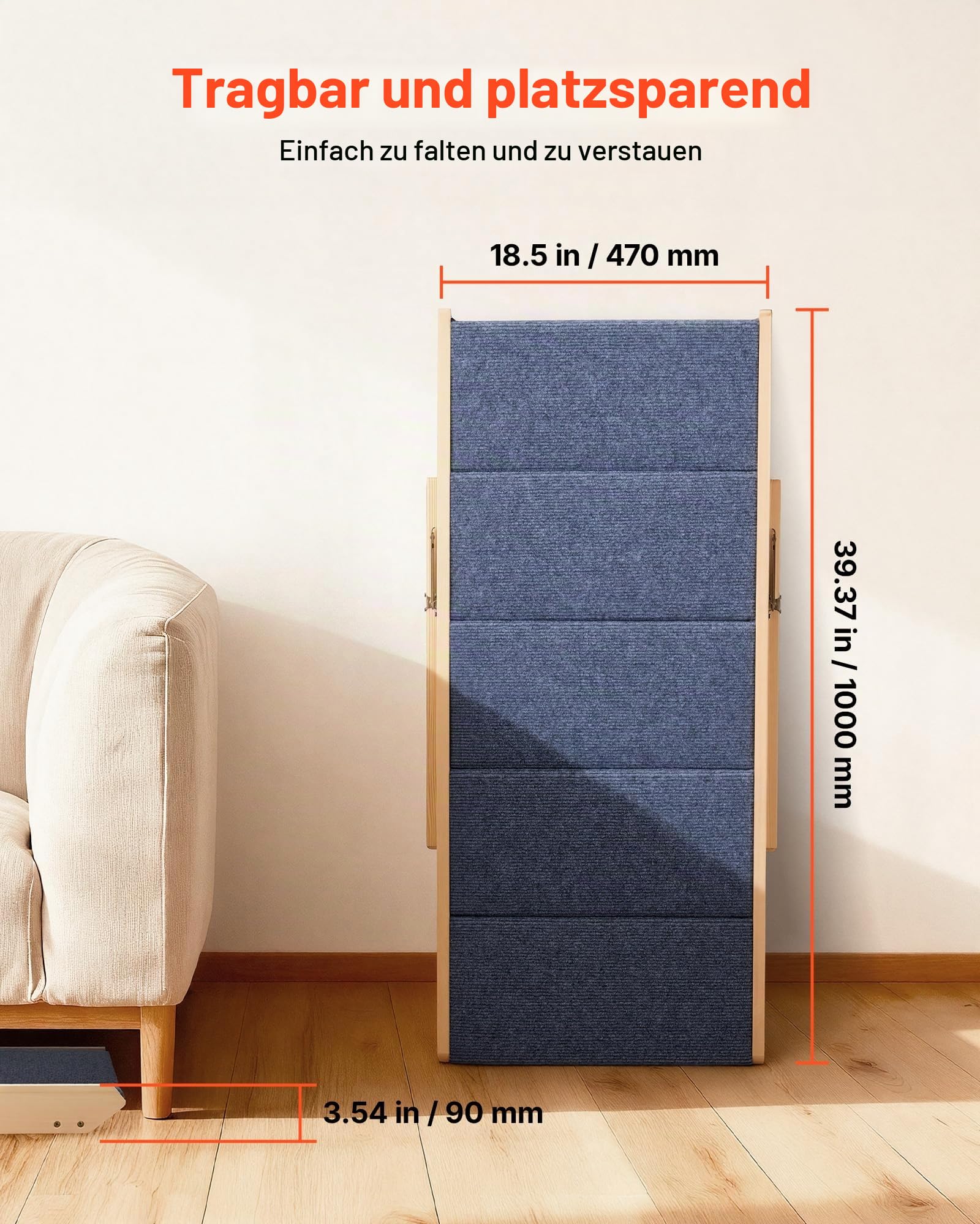 VEVOR Hundetreppe 780x470x660 mm, 5-stufige Hautiertreppe, klappbare Holztreppe geeignet für kleine, mittlere, große, ältere Haustiere sowie Welpen bis 68 kg, Hundeleiter für Betten, Sofas & Autos