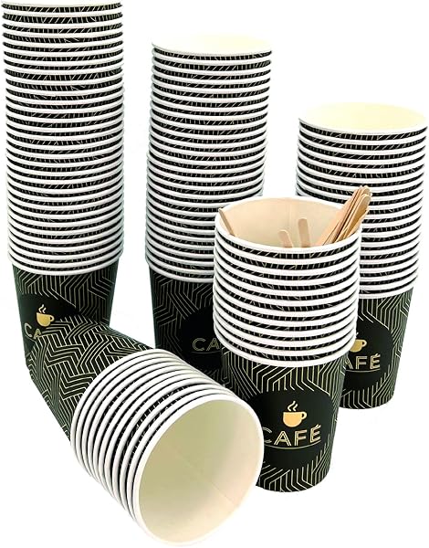 Genérico Pack 100 vasos desechables de cartón para café con paletinas de madera (200ML - SIN TAPA) - 1