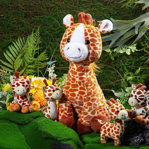 Miniatura 5 de Honoson Juego de 5 animales de peluche de jirafa de 18 pulgadas, tamaño grande, mamá jirafa con 4 lindas jirafas bebé con cremallera barriga suave