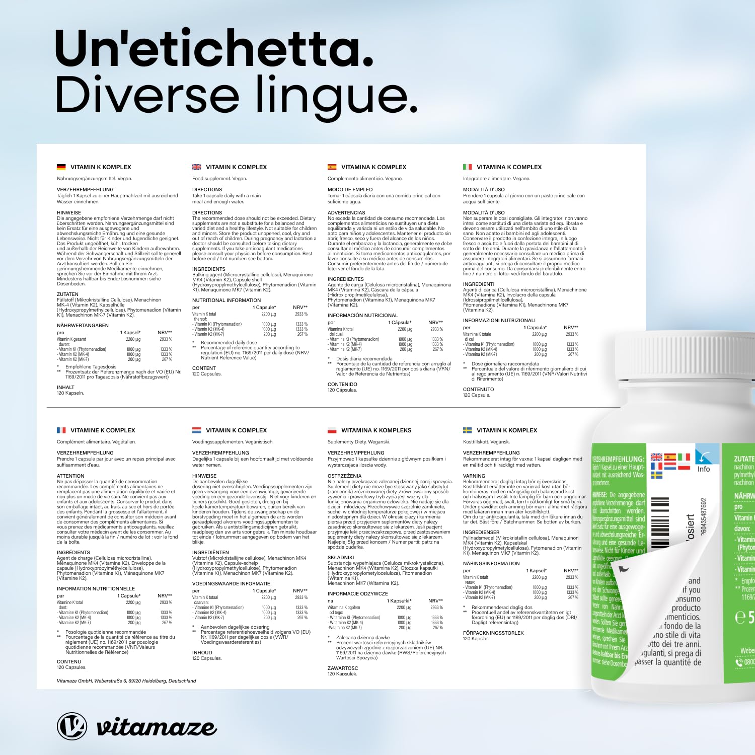 Vitamaze® Vitamina K Complesso 2200 mcg con Vitamina K2 MK7 + MK4 y Vitamina K1 Menachinone ad Alto Dosaggio e Vegan, 120 Capsule, Biodisponibilità Ottimale, senza Additivi. Qualitá Tedesca
