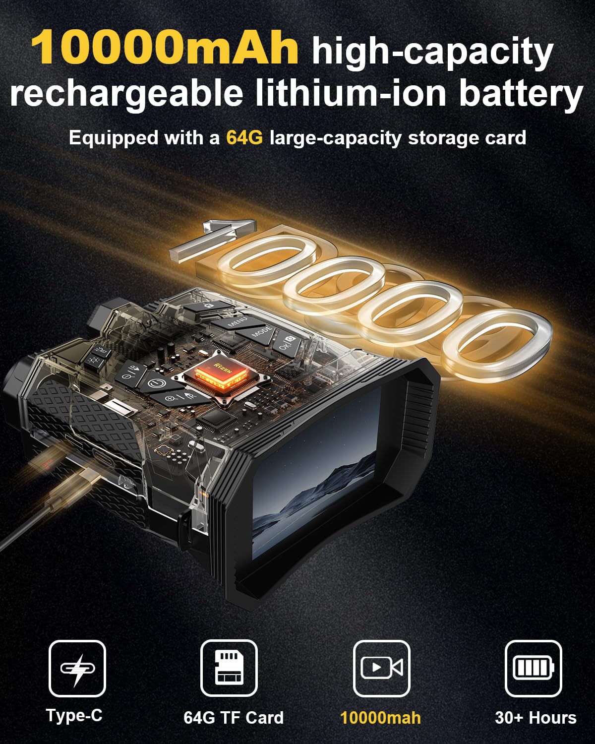 4K Tag-/Nachtsichtbrille | 10-facher Zoom Nachtsicht-Fernglas 7,6 cm LCD-Bildschirm Infrarot, 4000 mAh wiederaufladbarer Akku, 32 GB TF-Karte, Video- und Tonaufnahme, WLAN für Camping, Schwarz