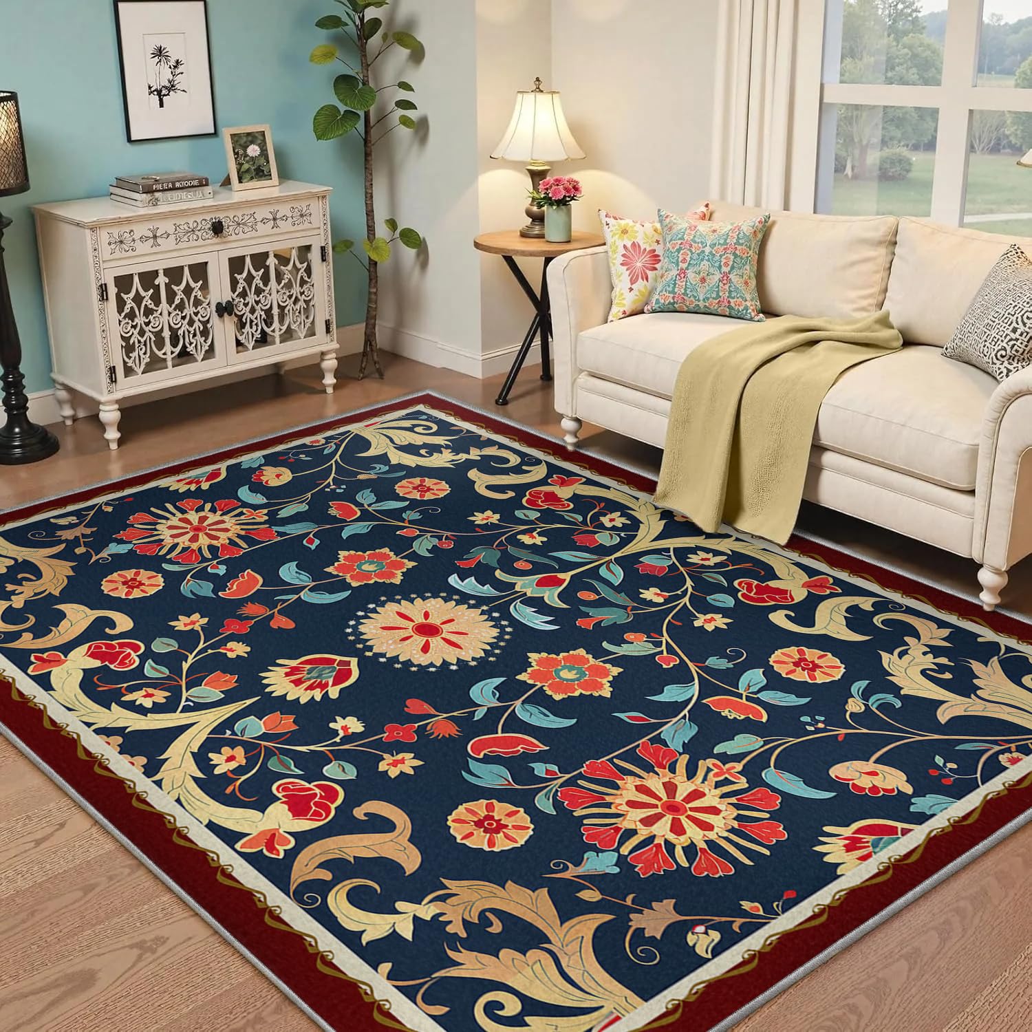 Tapis de salon bleu marine 160x200 cm avec motif floral rouge