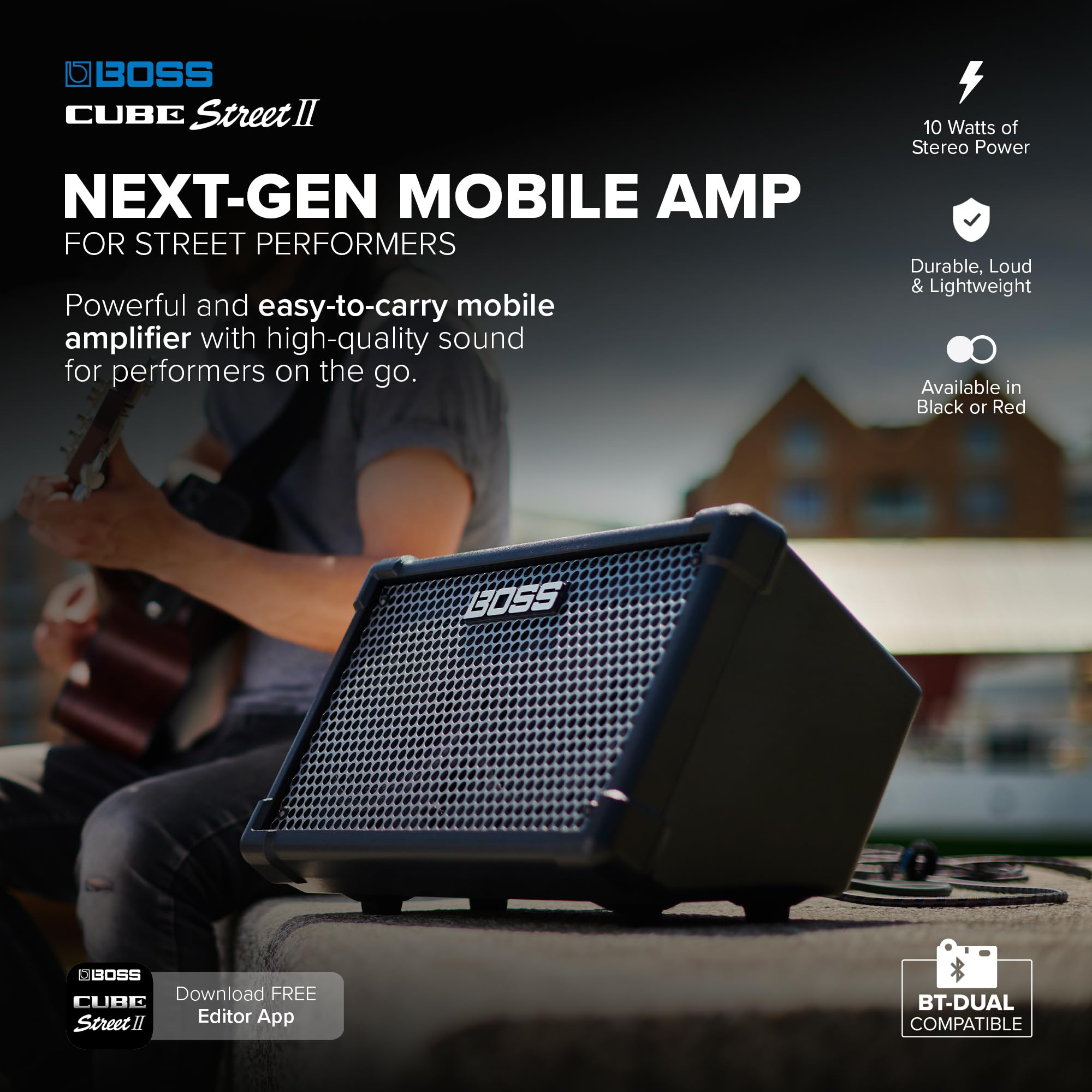BOSS CUBE Street II | Portable Battery-Powered Stereo Amplifier Sound | Ideal for Street Performers | Supports Mics, Instruments & Audio Devices | Built-in Amps, FX & Looper | Black
