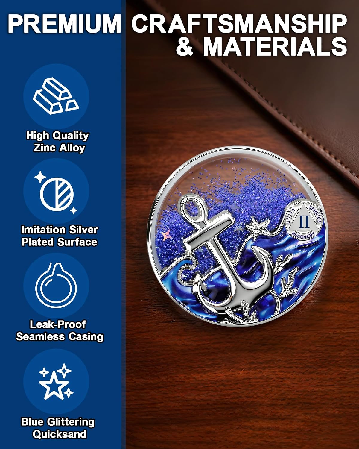 2 Year Anchor Sobriety Coin, Blue Liquid Glitter Shaker AA Medallion, 0.26" Thick Quicksand & Star Design Recovery Milestone Coin Sobriety Gift for Men & Women