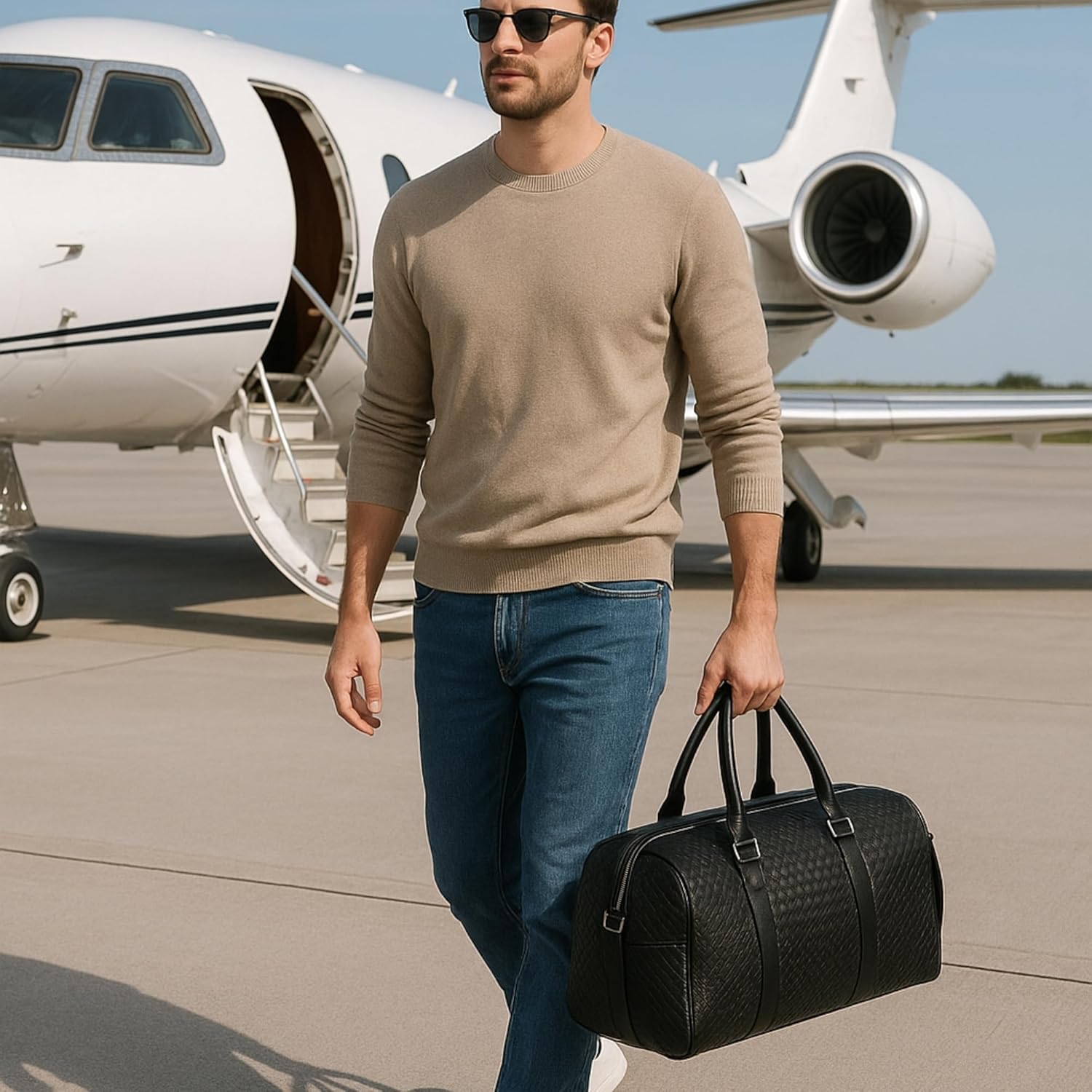 Unisex Luxurious Woven Leather Duffle Bag for Men's and Women's - Large Size Travel Leather Duffle Bag, Unique Weekender Duffle - Image 6