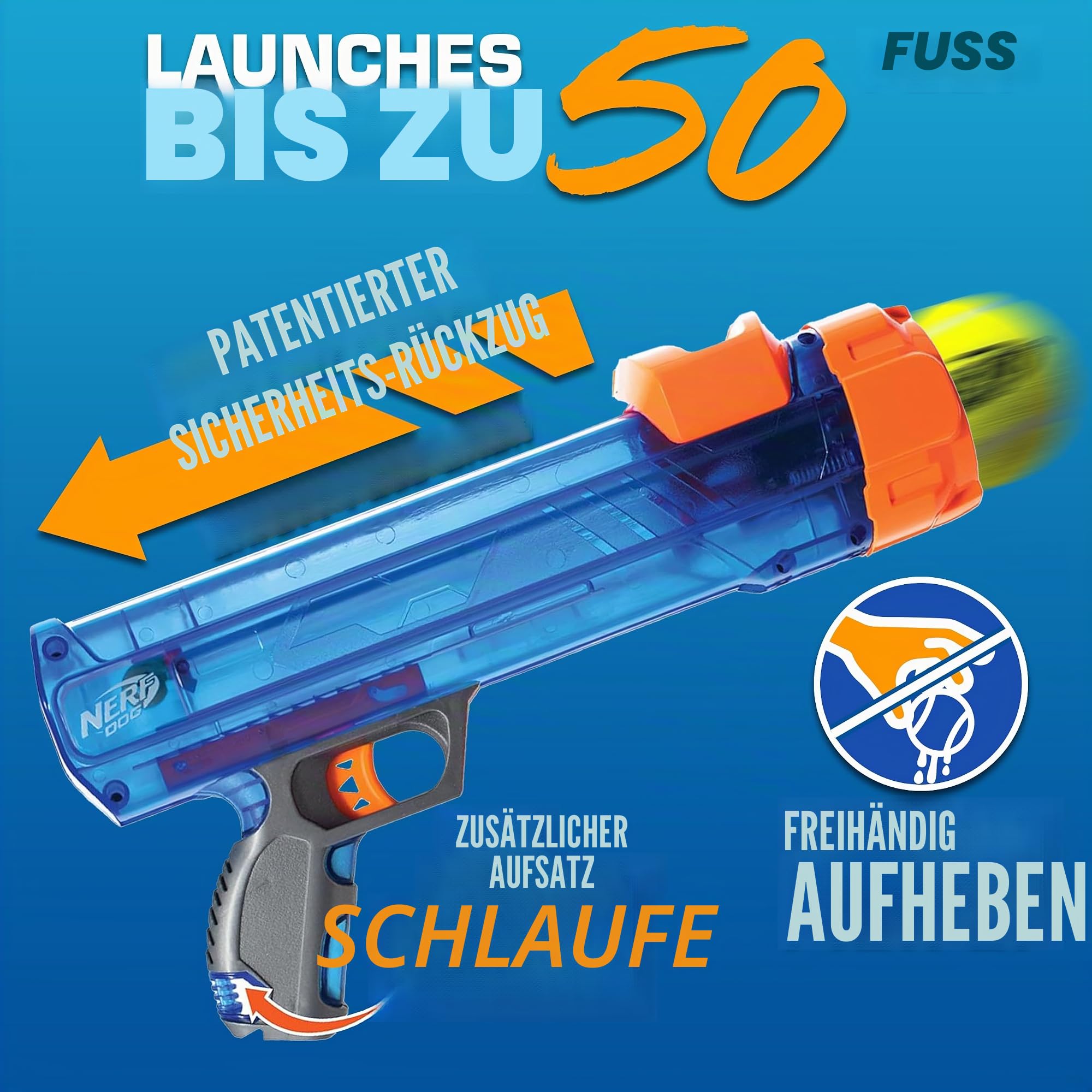 Nerf Dog Tennisball Blaster Hundespielzeug Geschenkset, Tennisball Hund Apportierspielzeug startet bis zu 50 Fuß, Hundeballwerfer für alle Rassen, inklusive durchscheinendem blauem Tennisballwerfer