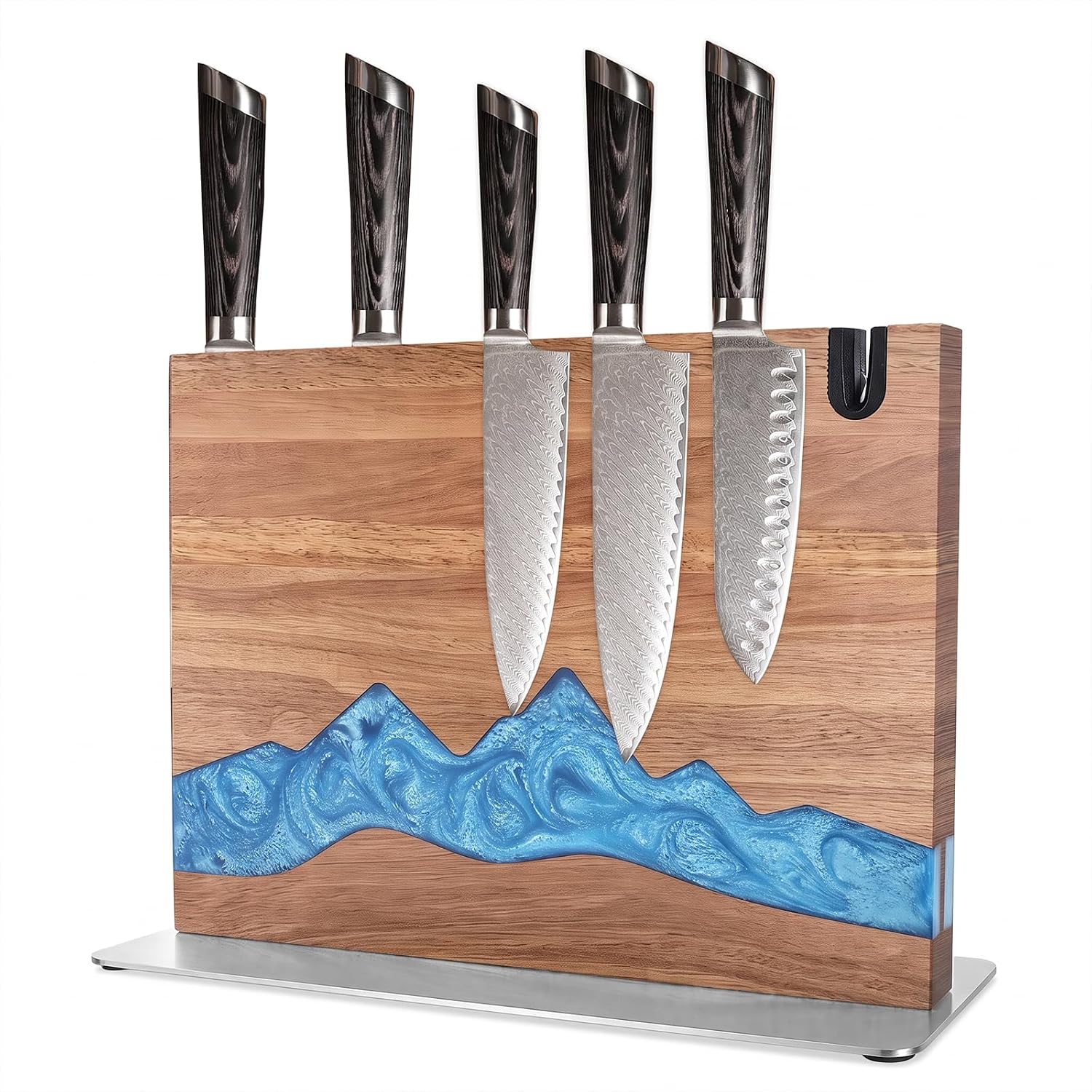 Magnetic Knife Block,Double Sided Magnetic Knife Holder Rack for Kitchen Counter,Acacia Wood Knife Storage Stand with Knife Sharpener(Without knife)