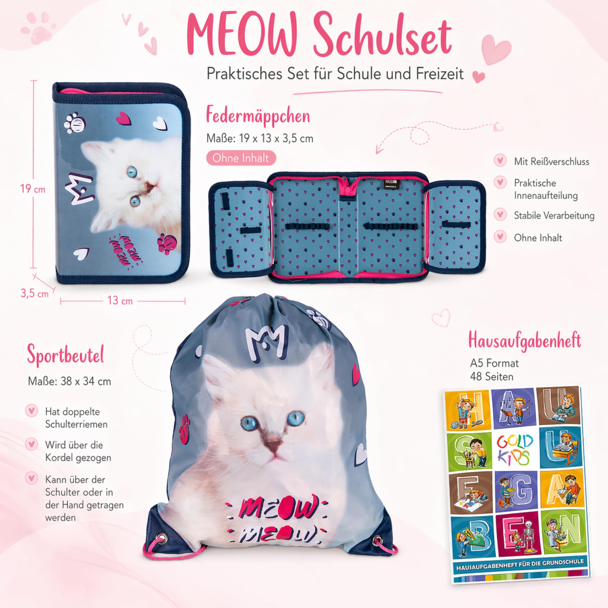 Goldkids Cartella per la scuola con motivo gatto ergonomico, astuccio per matite, per la scuola elementare, set da 4 pezzi, adatto a partire dalla prima classe della scuola elementare.