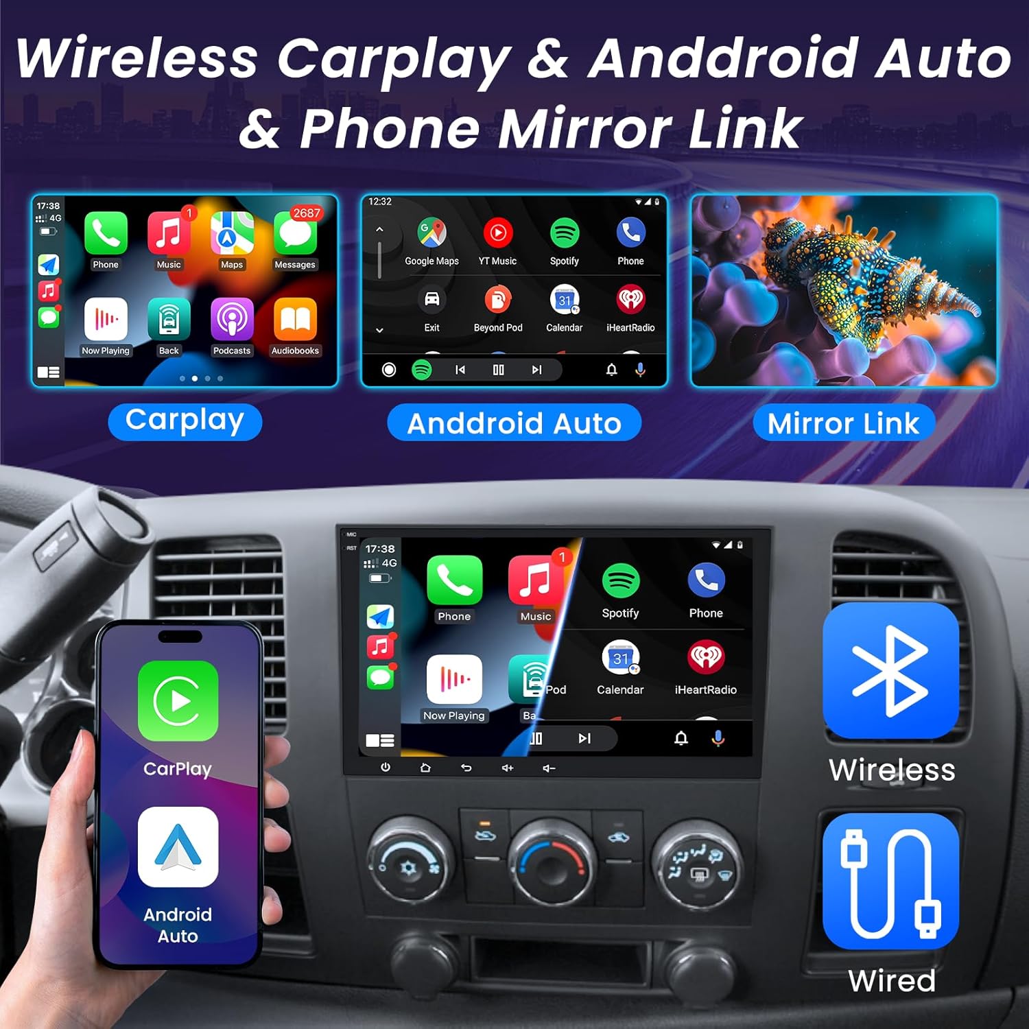 5G WiFi Car Radio for 2007-2013 Chevy Silverado: Tahoe Suburban with 8inch HD IPS Touch Screen, Wireless Carplay Android Auto, GPS Navigation, Bluetooth SWC, 1080P Backup Camera FM