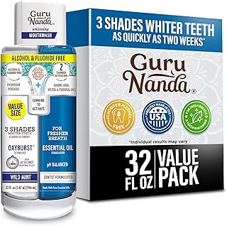 GuruNanda Teeth Whitening Dual Barrel Oxyburst Mouthwash - Alcohol & Fluoride Free, Hydrogen Peroxide to Promote Whiter Teeth - Wild Mint - 32 Fl Oz