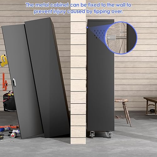 Miniatura 62 de Armario de almacenamiento de garaje con ruedas, gabinete de herramientas de metal de 35.43 pulgadas de alto con tablero de clavijas y 4 ganchos