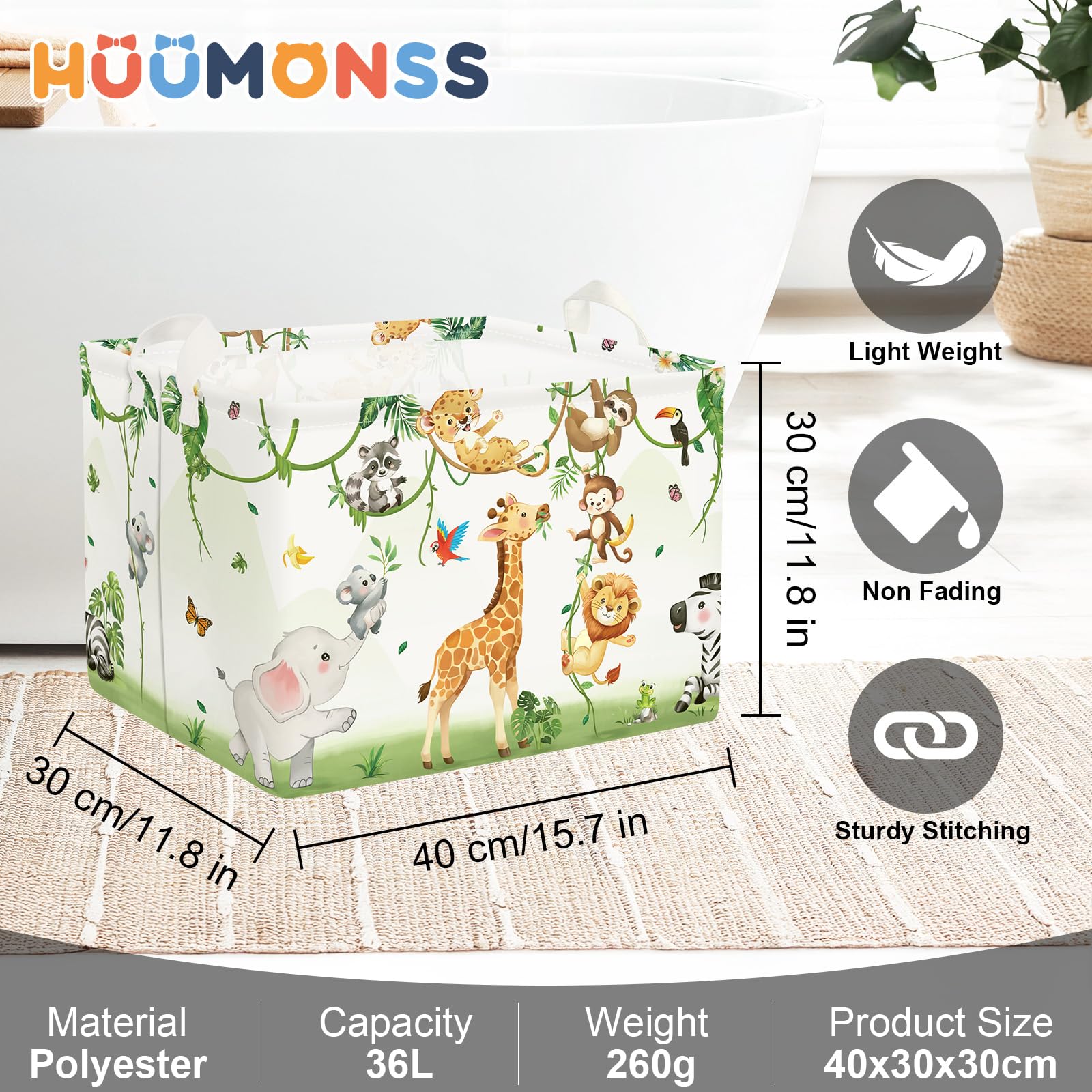 HUUMONSS Panier à Linge Pliable Enfant 63L – Motifs Girafe, éléphant, Raton Laveur – Polyester Imperméable Avec Armature Métal – Idéal Chambre, Salle De Bain