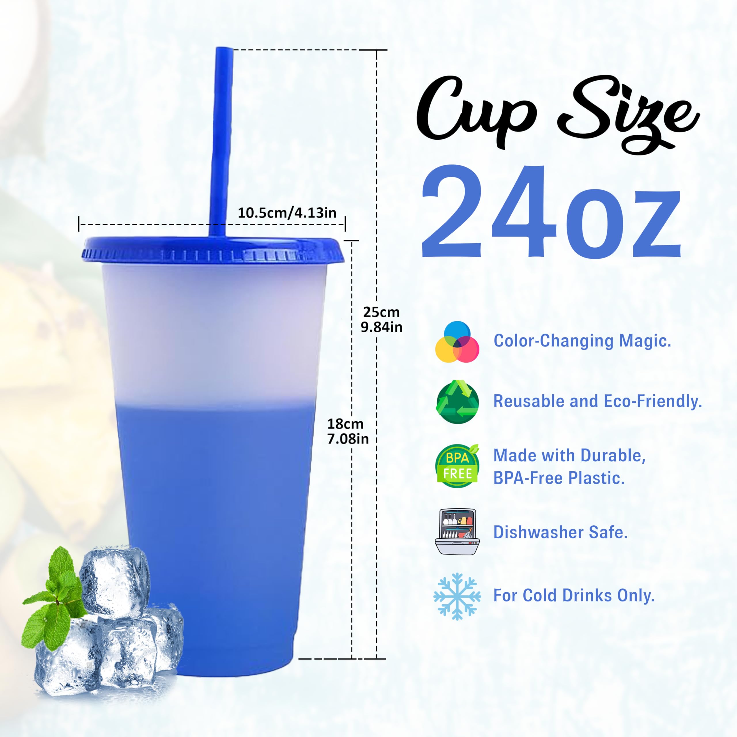 Condition photo showing New/Like New for 12 piece 24oz color changing cups with lids and straws, color changing tumbler, reusable cups with lids in multicolors perfect for cold drinks, cold coffee, smoothie etc