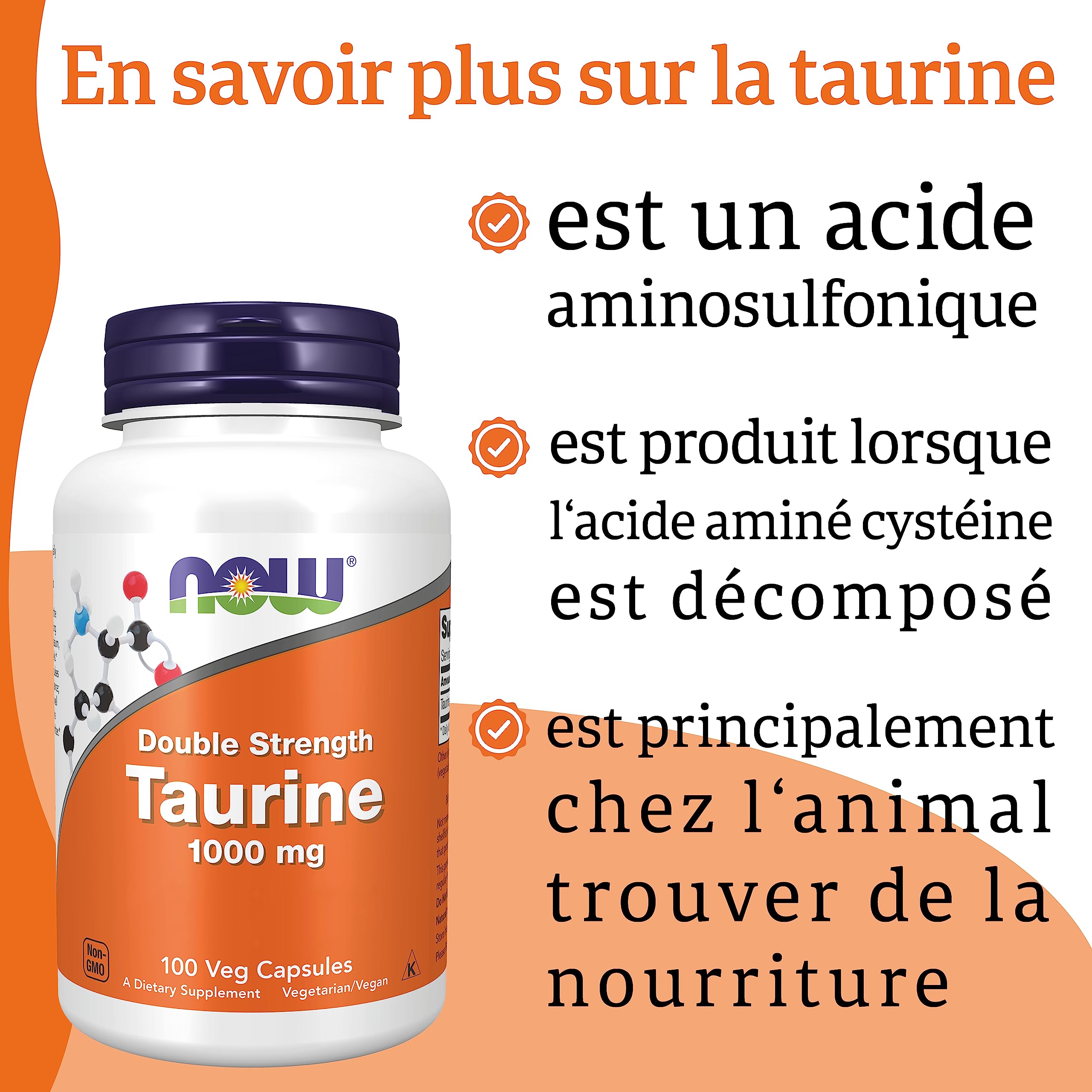 Now Foods, Taurine, Amidon Double, 1.000 mg, 100 Capsules végétaliennes, Testé en Laboratoire, Acide Aminé, Sans Gluten, Sans Soja, Végétarien