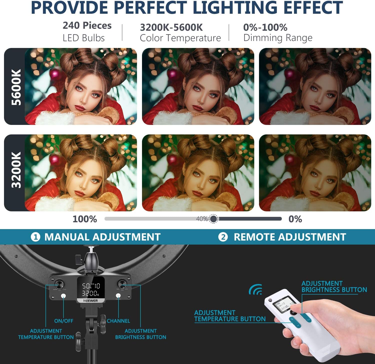 Neewer Advanced 2.4G 18-inch Dimmable Bi-Color LED Ring Light with LCD Screen
